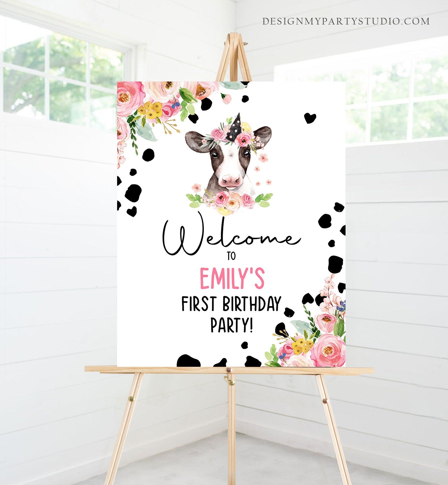 Editable Cow Birthday Welcome Sign Barnyard Birthday Welcome Sign Pink Farm Animals Birthday Welcome Girl Template Corjl PRINTABLE 0434