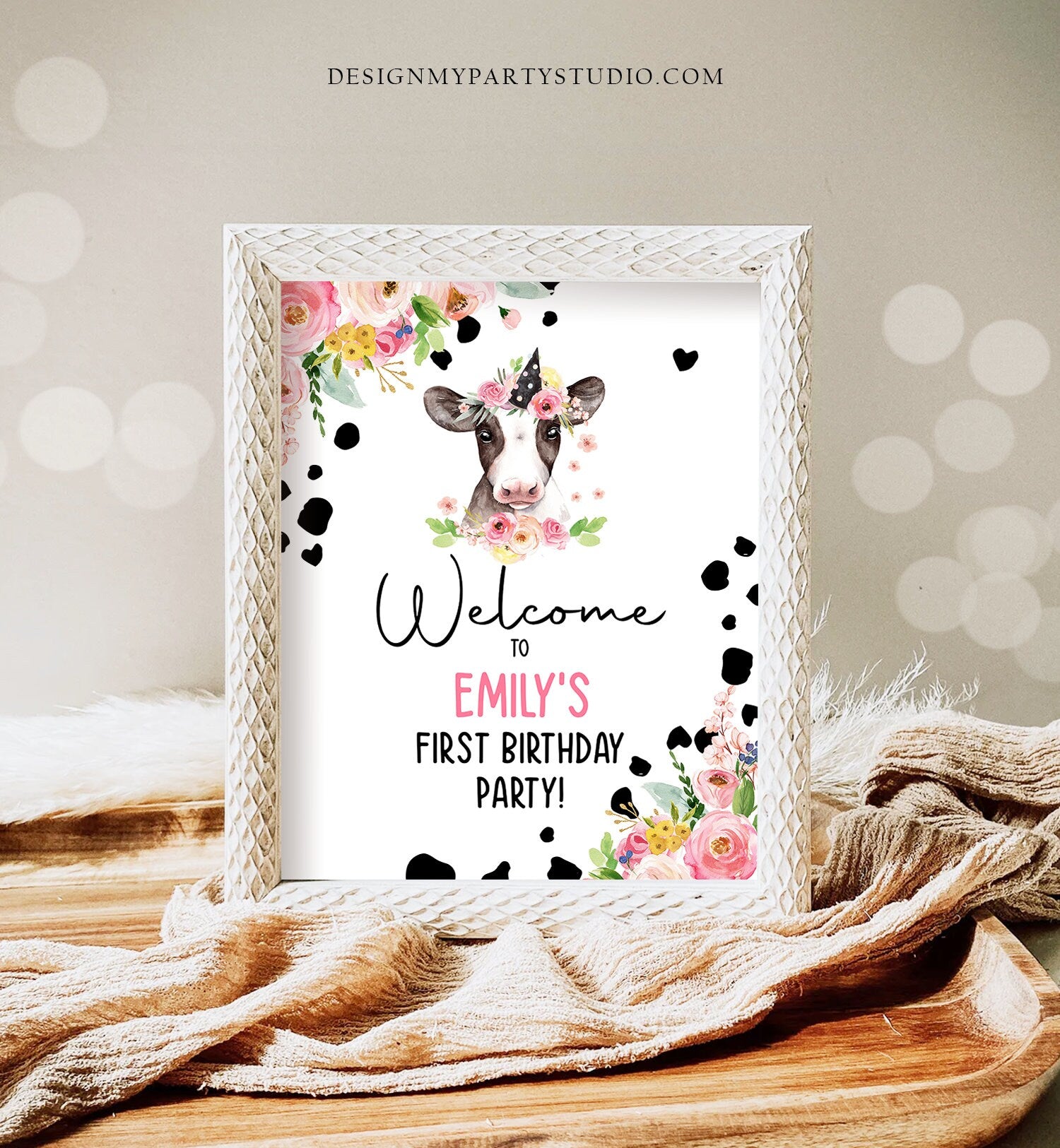 Editable Cow Birthday Welcome Sign Barnyard Birthday Welcome Sign Pink Farm Animals Birthday Welcome Girl Template Corjl PRINTABLE 0434