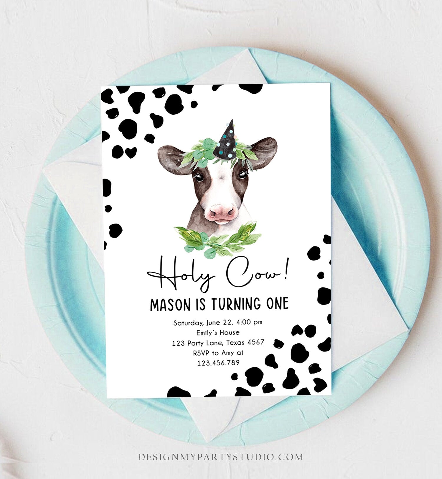 Editable Cow Birthday Invitation Boy Farm Animals Greenery Barnyard Party Holy Cow Party 1st One Download Printable Template Corjl 0434