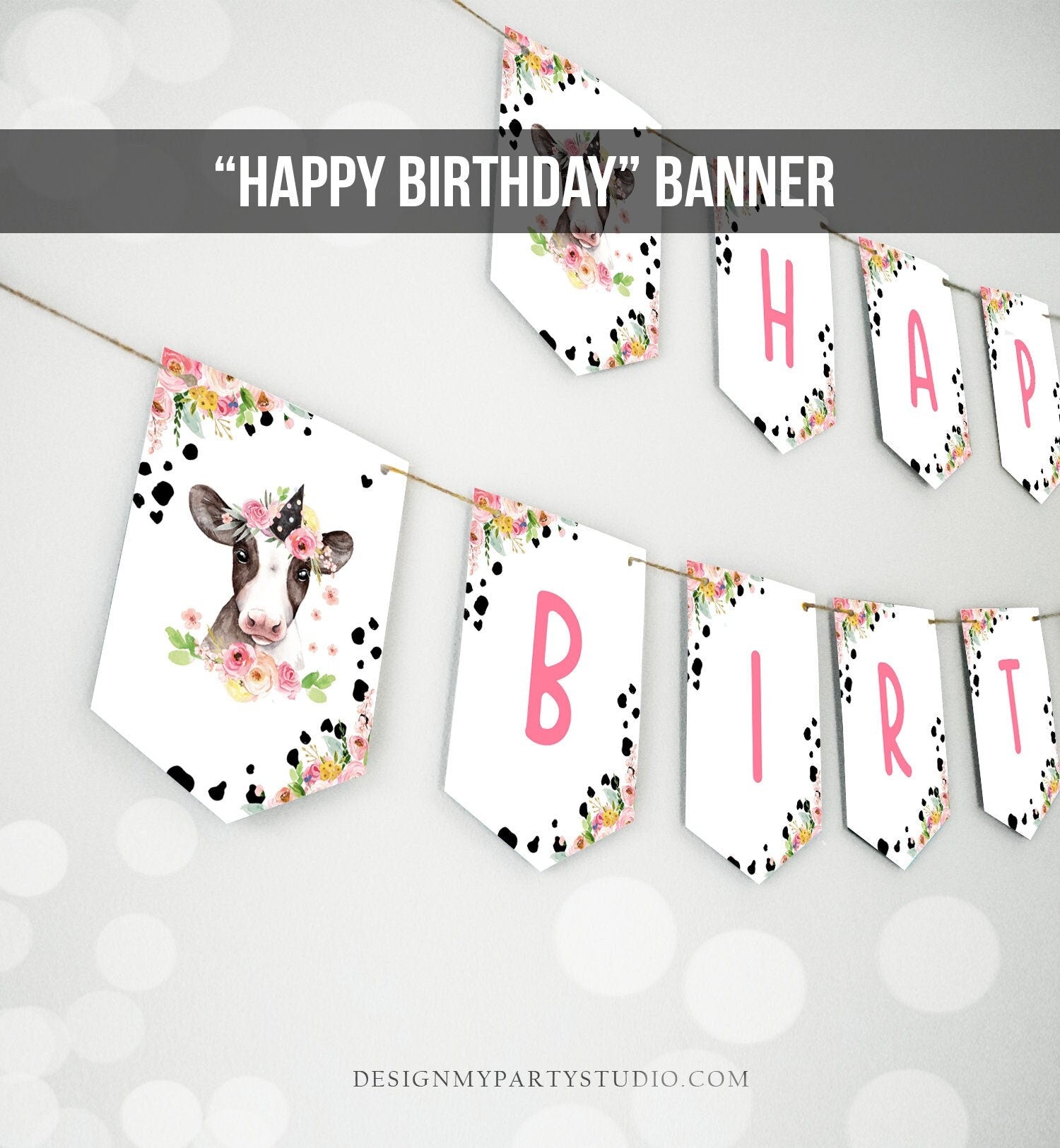 Happy Birthday Banner Cow Birthday Banner Farm Animals Girl Barnyard Birthday Farm Decorations Instant download PRINTABLE DIGITAL DIY 0434