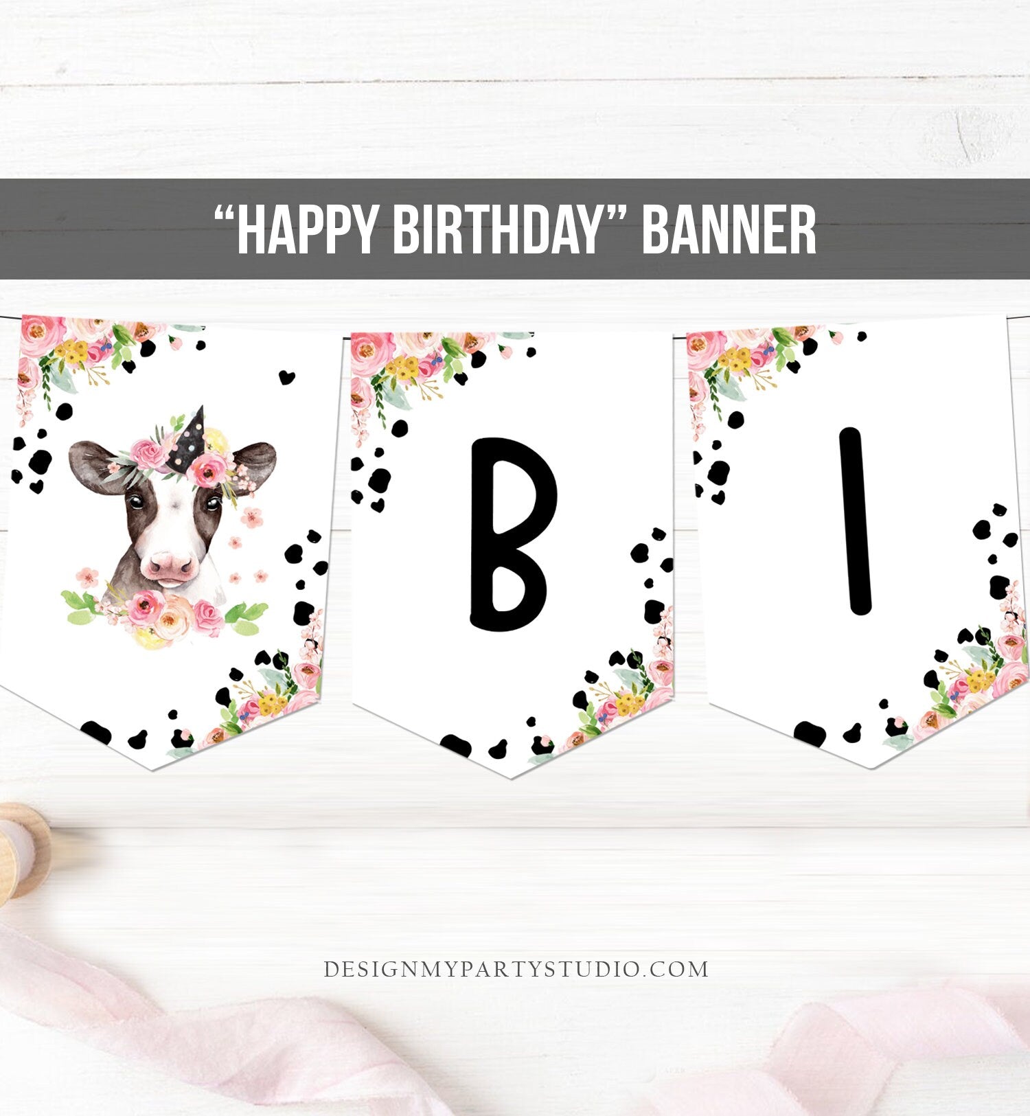 Happy Birthday Banner Cow Birthday Banner Farm Animals Girl Barnyard Birthday Farm Decorations Instant download PRINTABLE DIGITAL DIY 0434