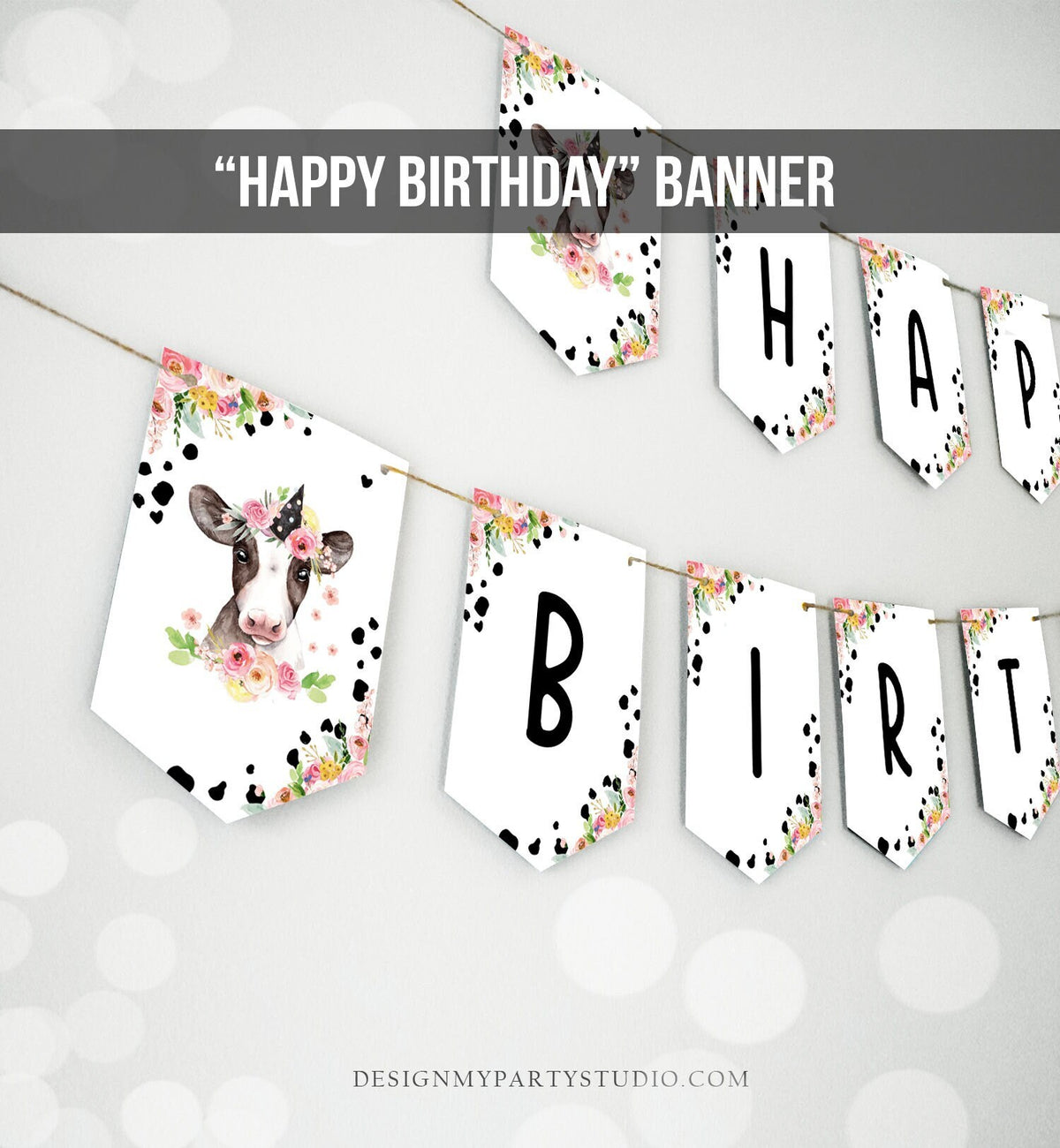 Happy Birthday Banner Cow Birthday Banner Farm Animals Girl Barnyard Birthday Farm Decorations Instant download PRINTABLE DIGITAL DIY 0434