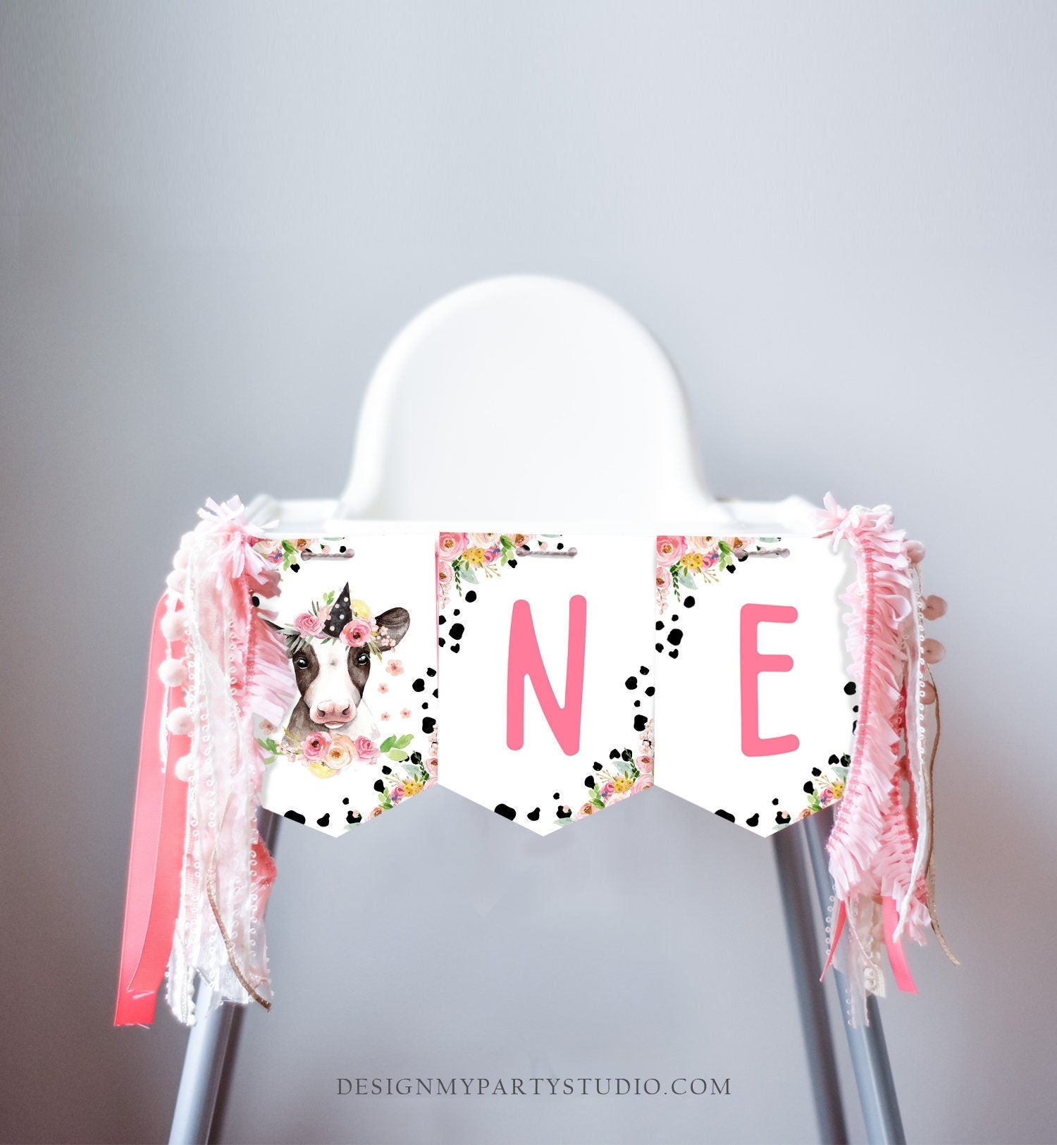 Girl Cow High Chair Banner Pink Farm Cow 1st Birthday Banner High Chair One Banner Farm Animals Holy Cow Decorations PRINTABLE Digital 0434