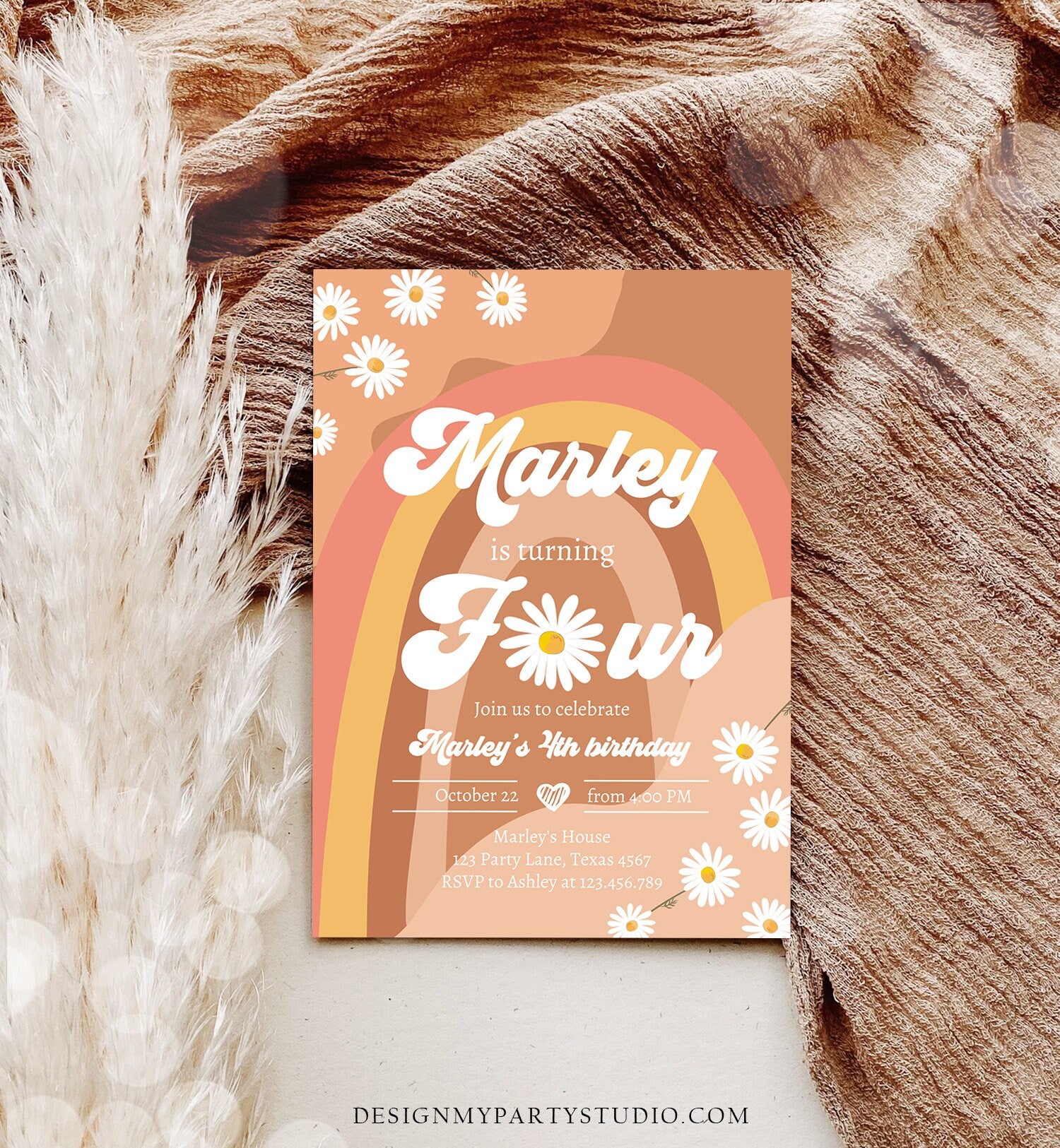 Editable Groovy Retro 4th Birthday Invitation Four Birthday Retro Floral 70s Flower Power Festival Download Template Corjl Digital 0428