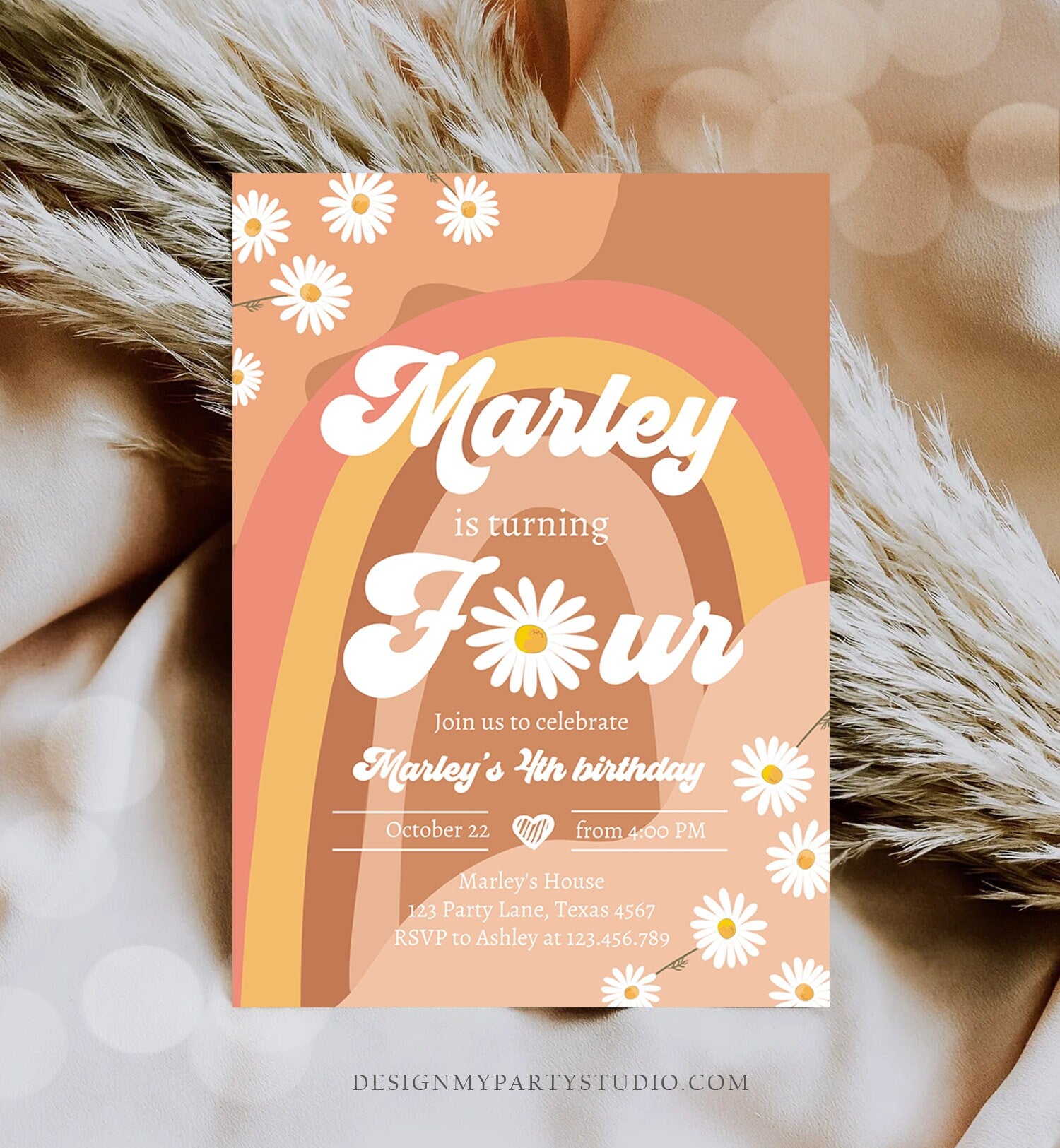 Editable Groovy Retro 4th Birthday Invitation Four Birthday Retro Floral 70s Flower Power Festival Download Template Corjl Digital 0428