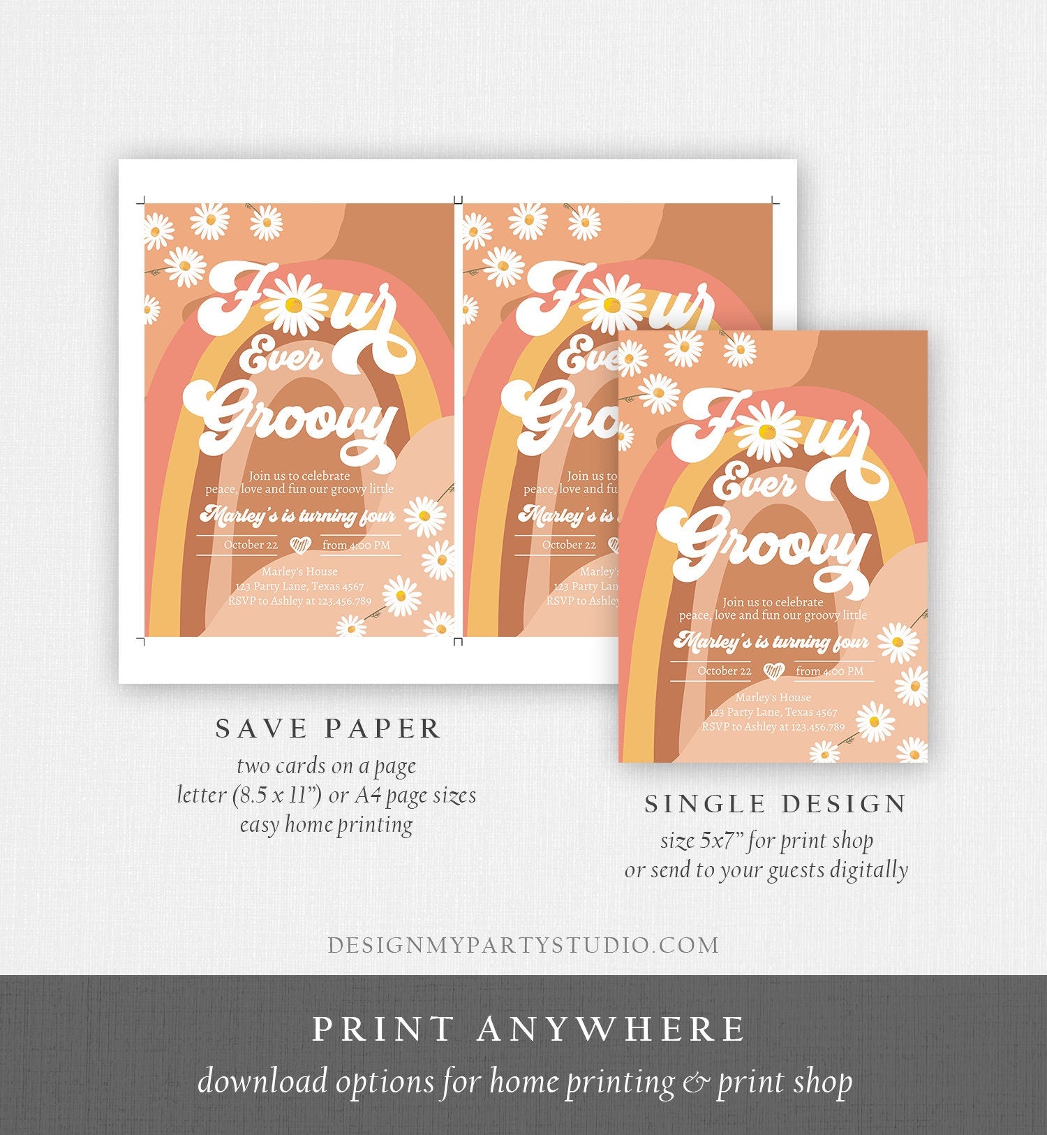 Editable Four Ever Groovy Birthday Invitation 4th Birthday Retro Floral 70s Peace Love Party Rainbow Download Template Corjl Digital 0428