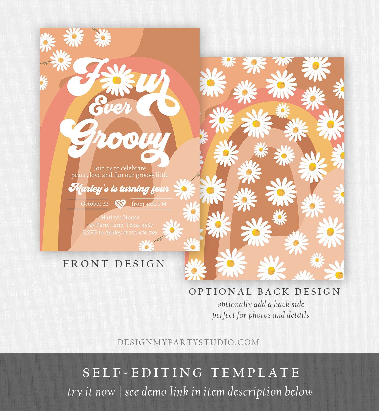 Editable Four Ever Groovy Birthday Invitation 4th Birthday Retro Floral 70s Peace Love Party Rainbow Download Template Corjl Digital 0428