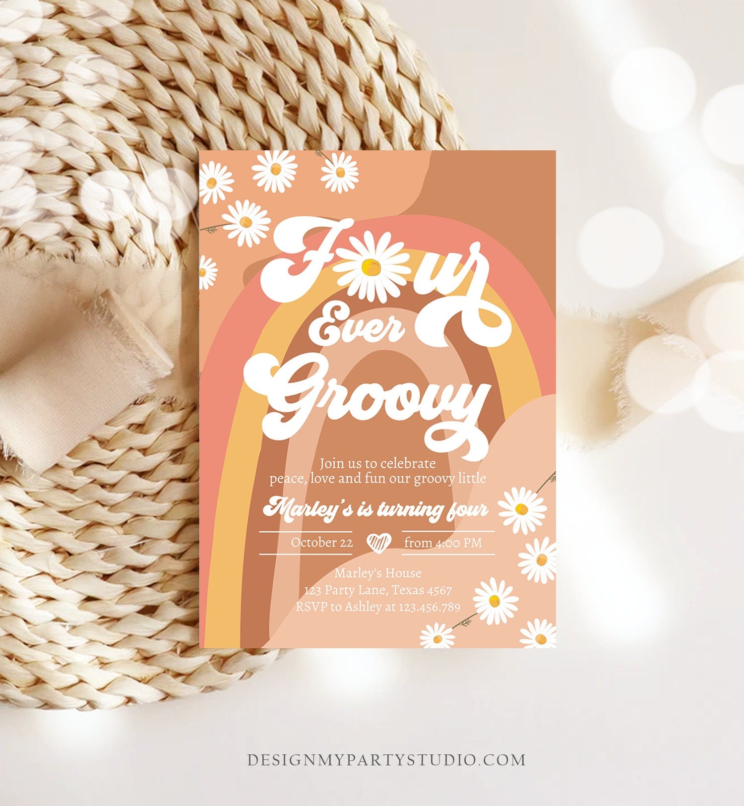 Editable Four Ever Groovy Birthday Invitation 4th Birthday Retro Floral 70s Peace Love Party Rainbow Download Template Corjl Digital 0428