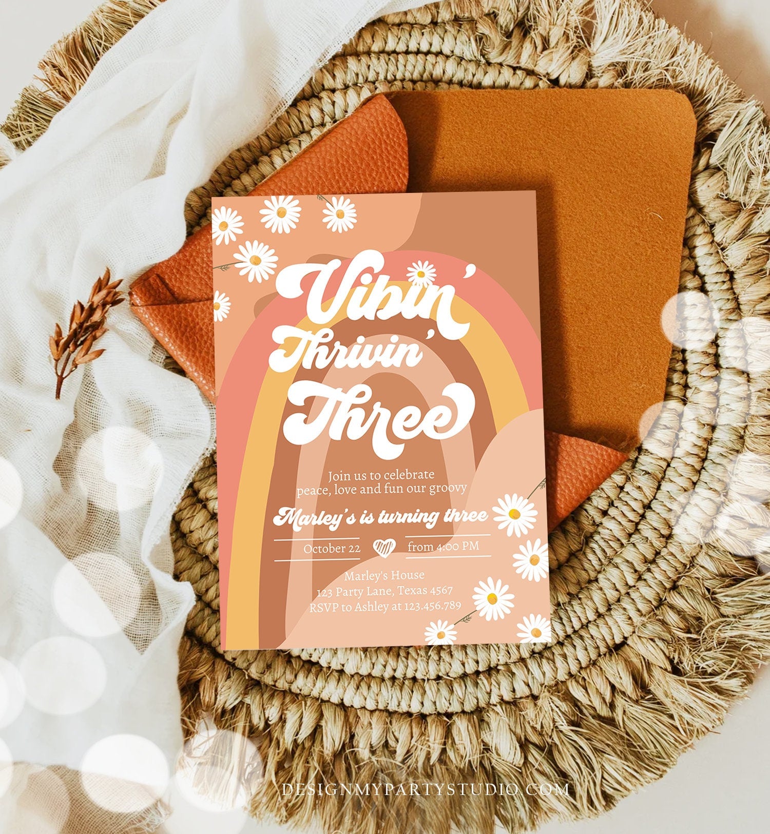 Editable Vibin' Thrivin' And Three Birthday Invitation 3rd Birthday Retro Floral 70s Rainbow Peace Love Download Template Corjl Digital 0428