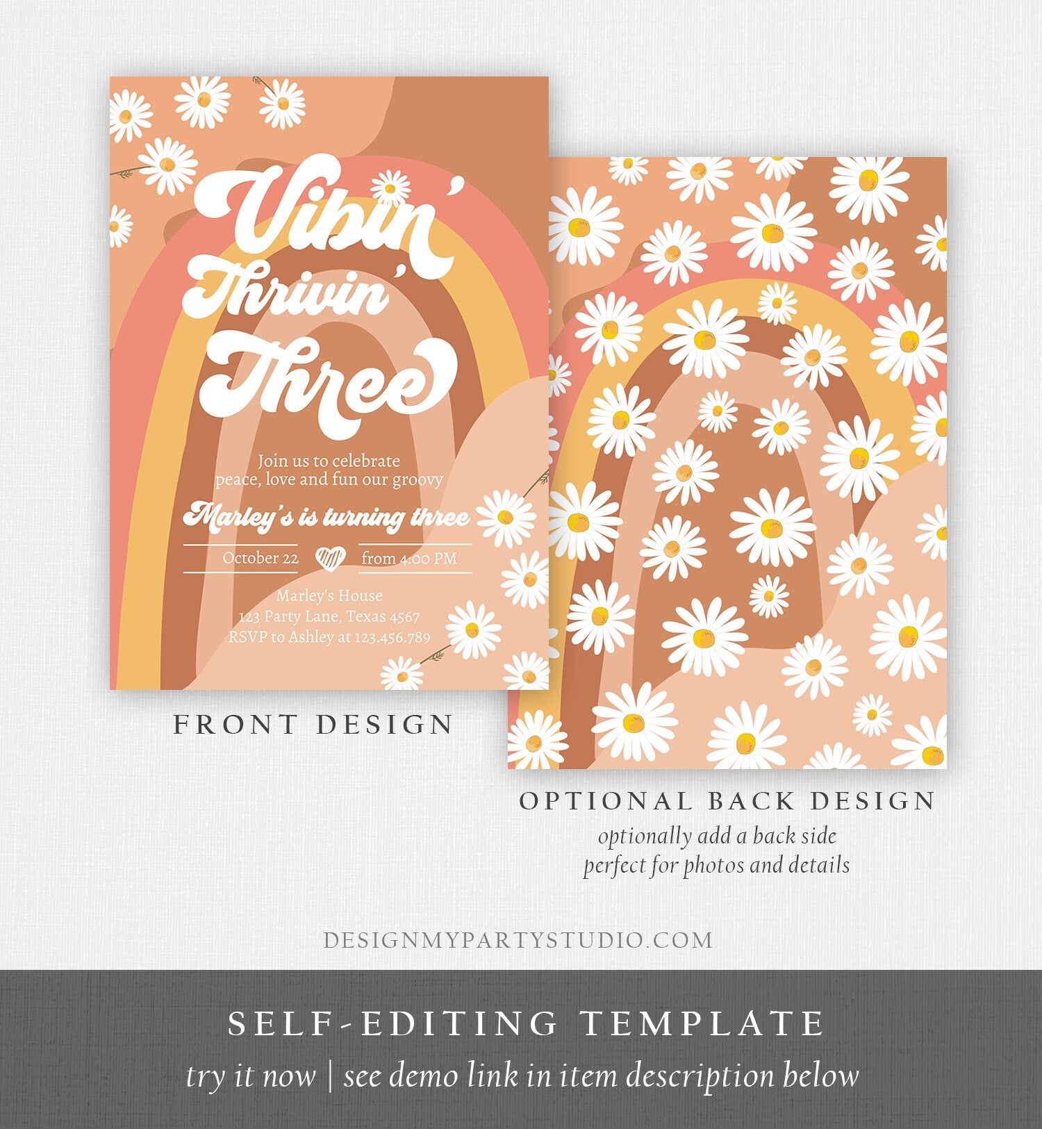 Editable Vibin' Thrivin' And Three Birthday Invitation 3rd Birthday Retro Floral 70s Rainbow Peace Love Download Template Corjl Digital 0428