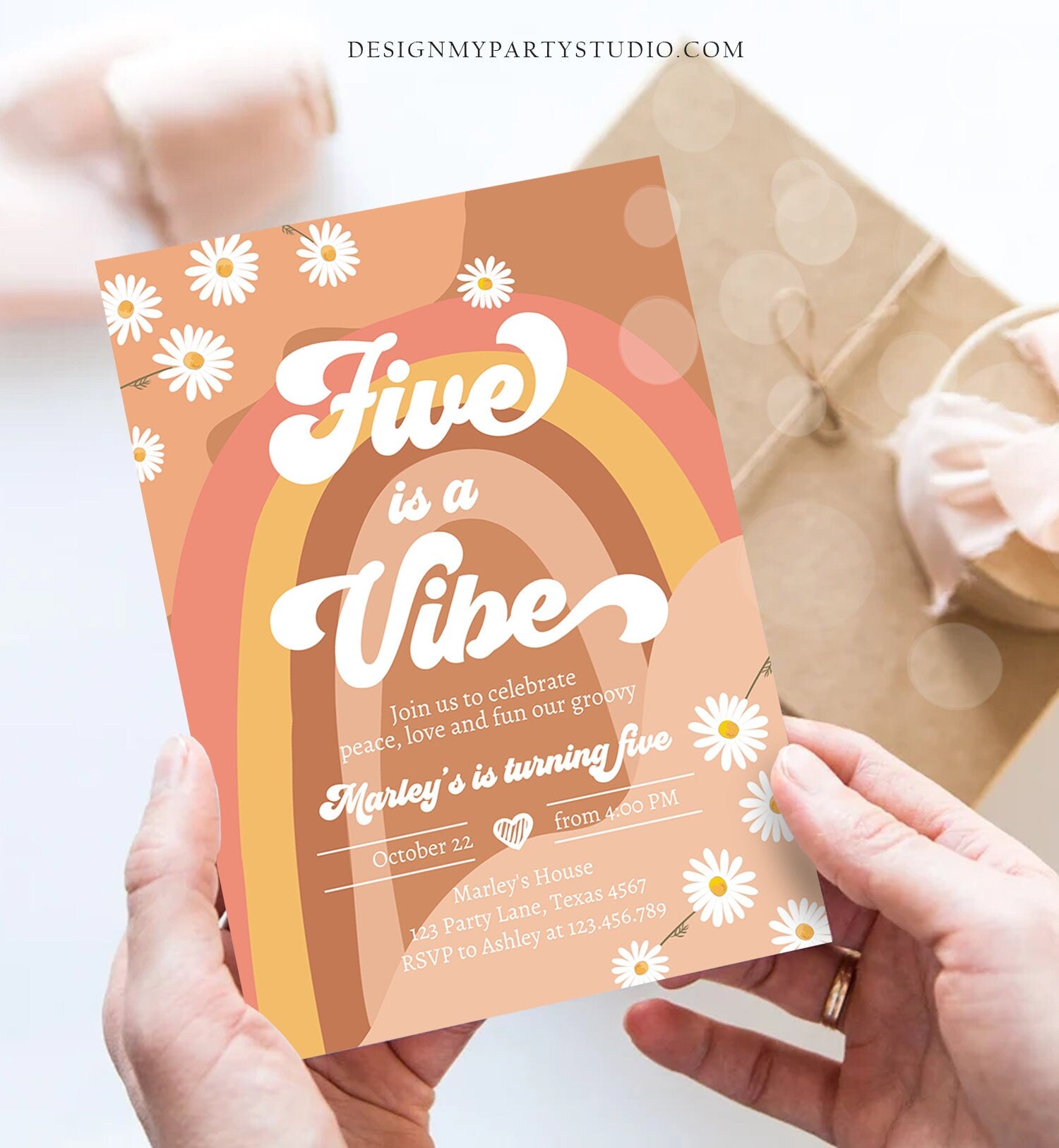 Editable Five Is A Vibe Birthday Invitation 5th Birthday Retro Floral 70s Rainbow Peace Love Party Girl Digital Template Printable 0428