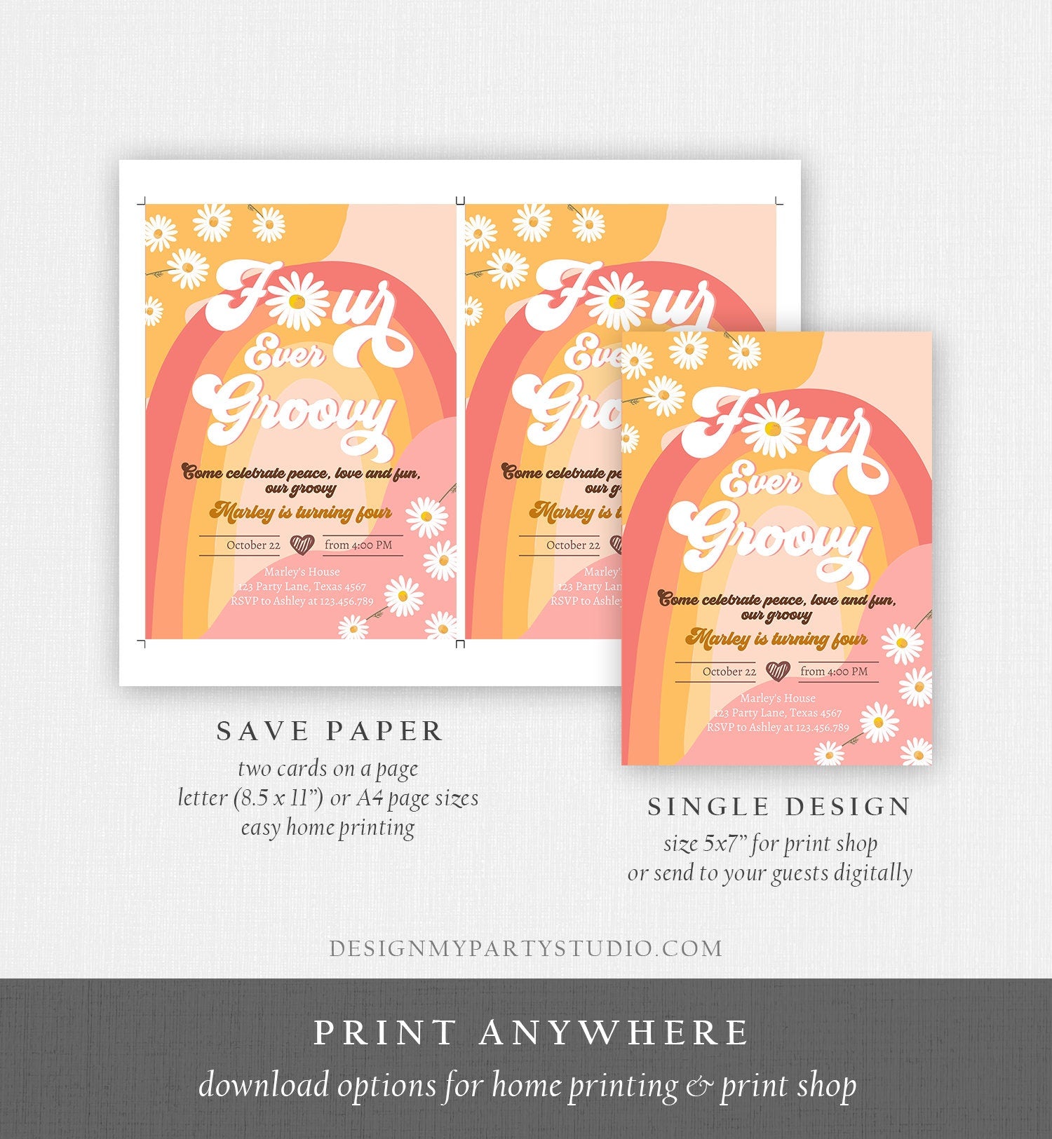 Editable Four Ever Groovy Birthday Invitation 4th Birthday Retro Floral 70s Peace Love Party Rainbow Download Template Corjl Digital 0428