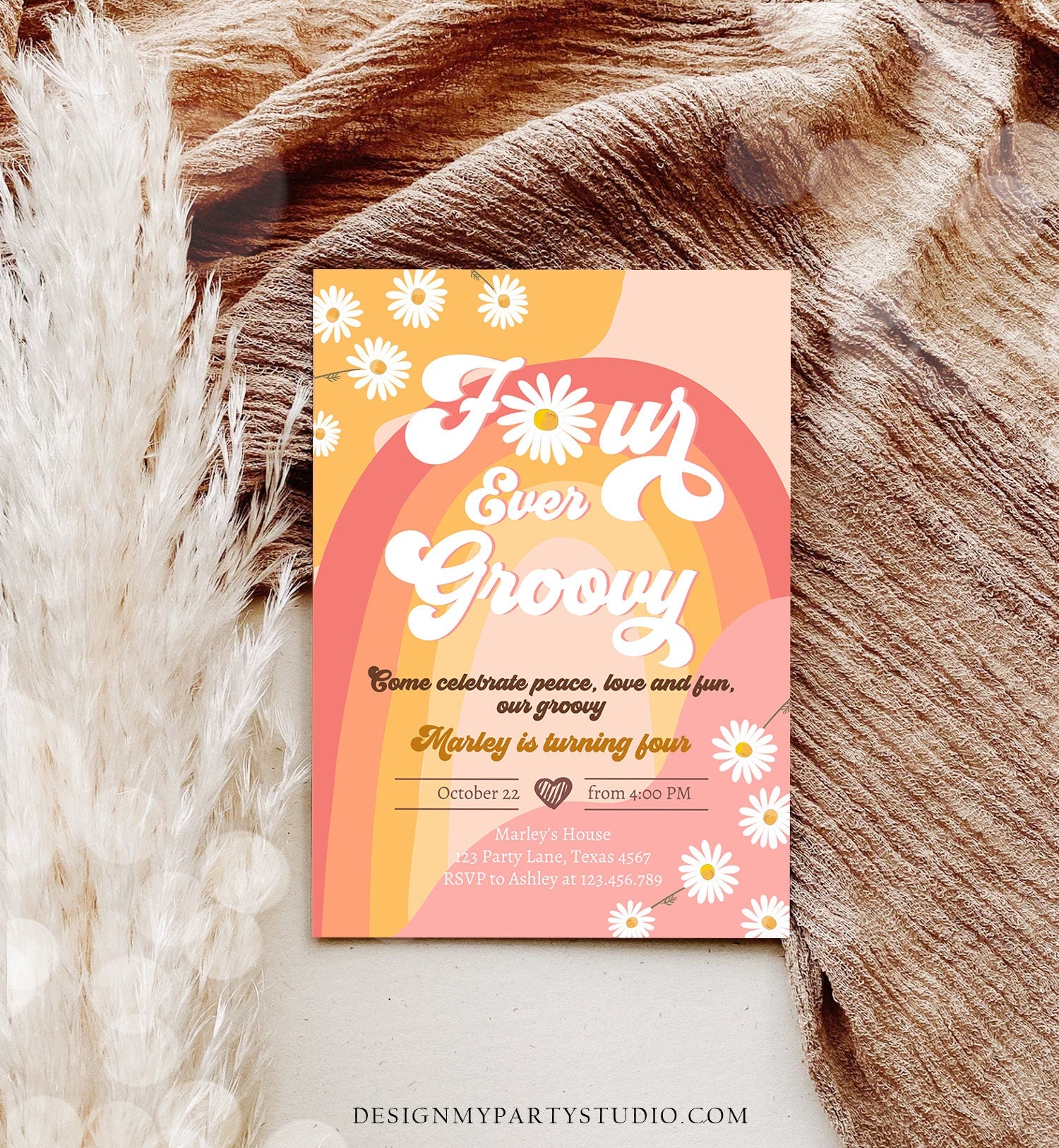 Editable Four Ever Groovy Birthday Invitation 4th Birthday Retro Floral 70s Peace Love Party Rainbow Download Template Corjl Digital 0428