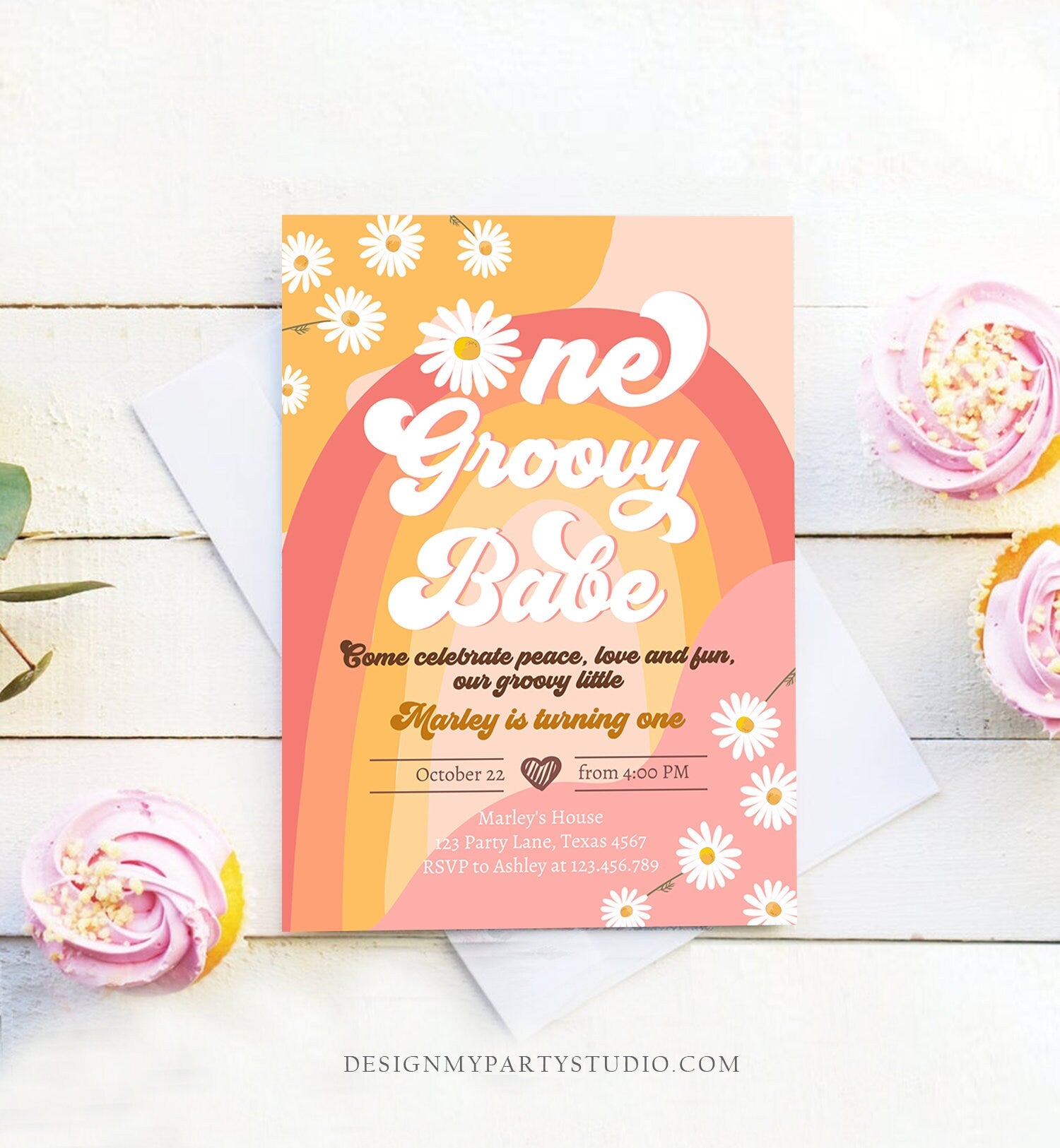 Editable Groovy One Retro 1st Birthday Invitation First Birthday One Groovy Babe Invite Peace Love Download Template Corjl Digital 0428