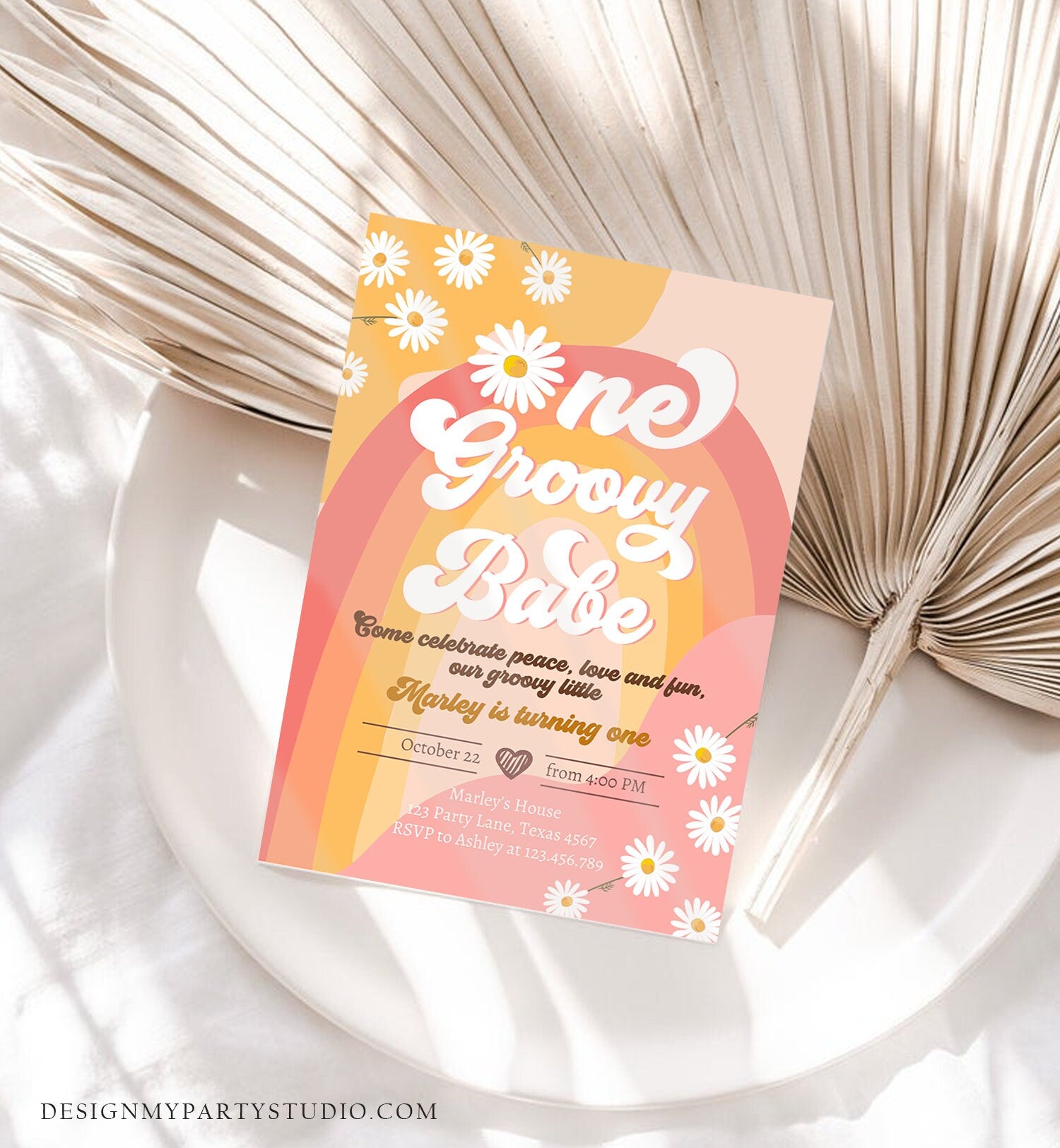 Editable Groovy One Retro 1st Birthday Invitation First Birthday One Groovy Babe Invite Peace Love Download Template Corjl Digital 0428