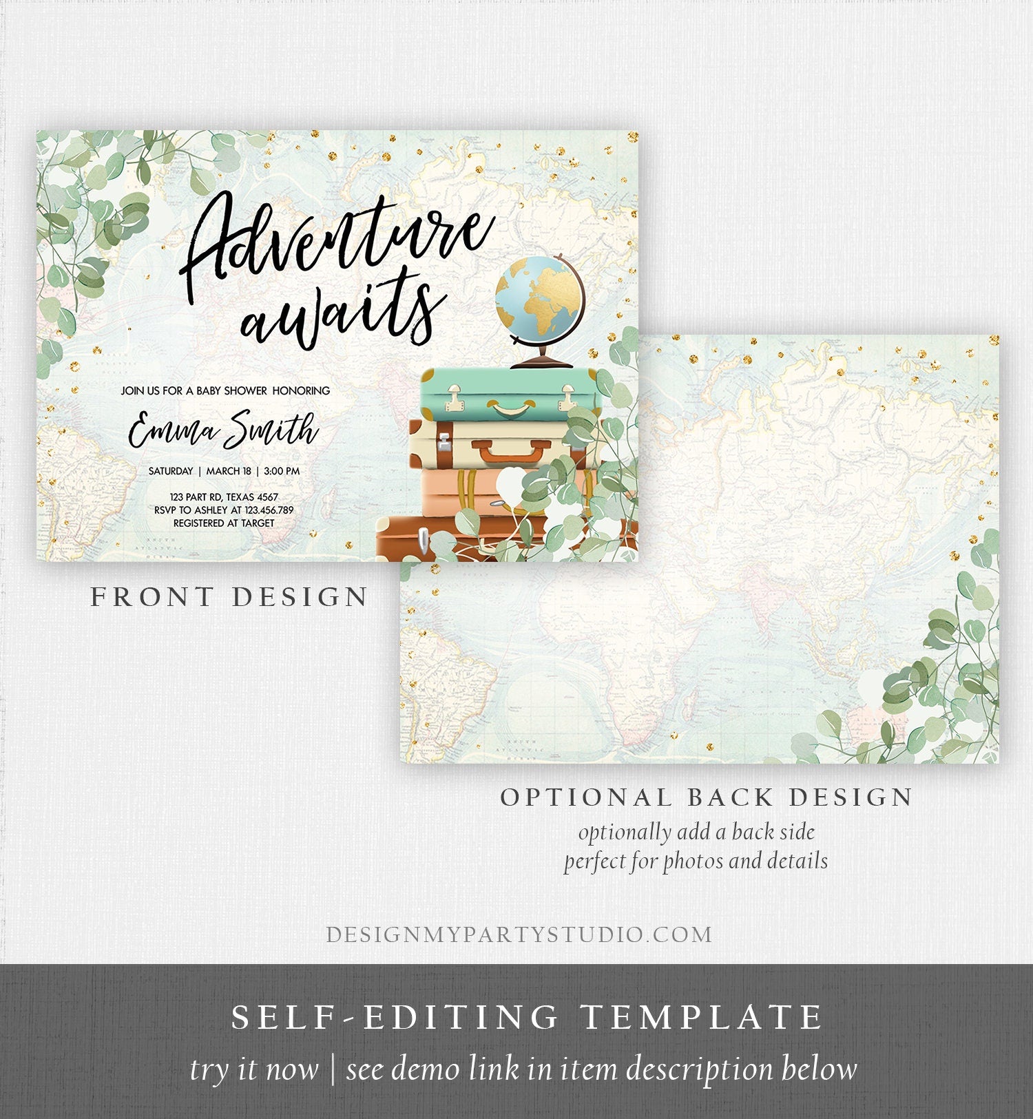 Editable Adventure Awaits Baby Shower Invitation Sprinkle Eucalyptus Greenery Suitcases Travel Around World Digital Template Printable 0030