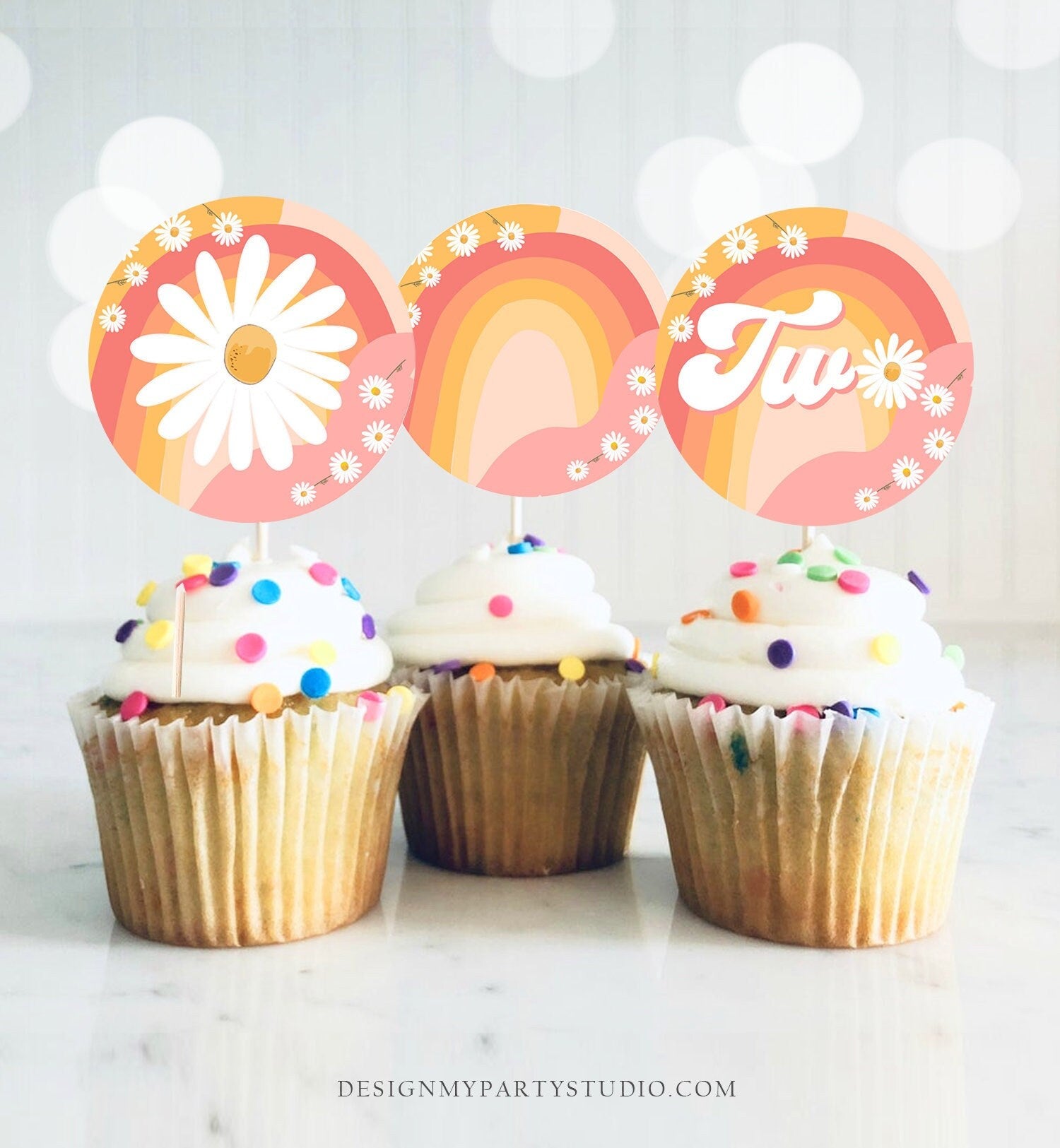 Two Groovy Birthday Cupcake Toppers Favor Tags Retro Daisy Birthday Party Decor 2nd Flower Power Festival Download Digital Printable 0428