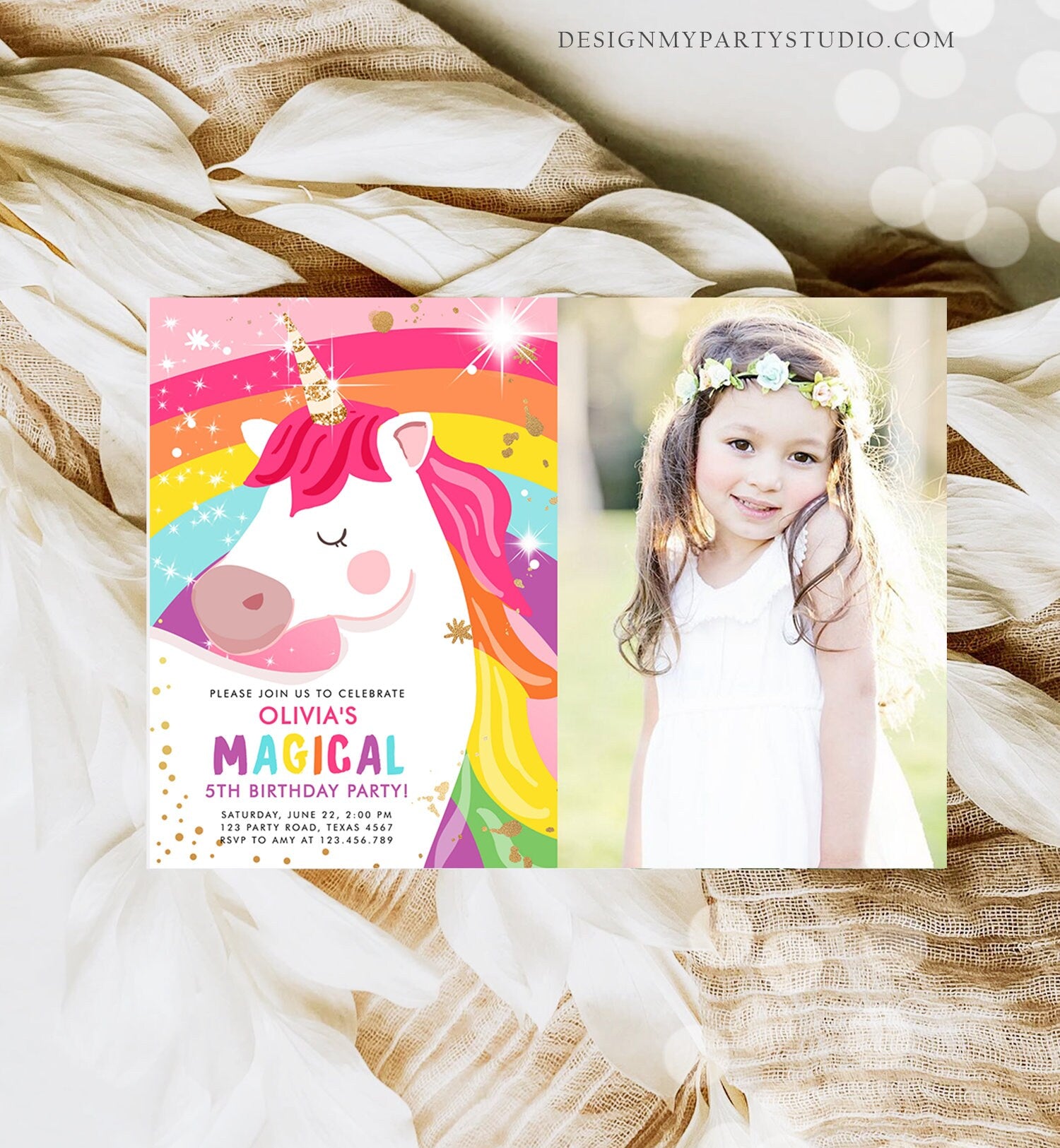 Editable Unicorn Birthday Invitation Magical Unicorn Party Girl Pink Gold Unicorn Invite Rainbow Digital Download Template Printable 0323