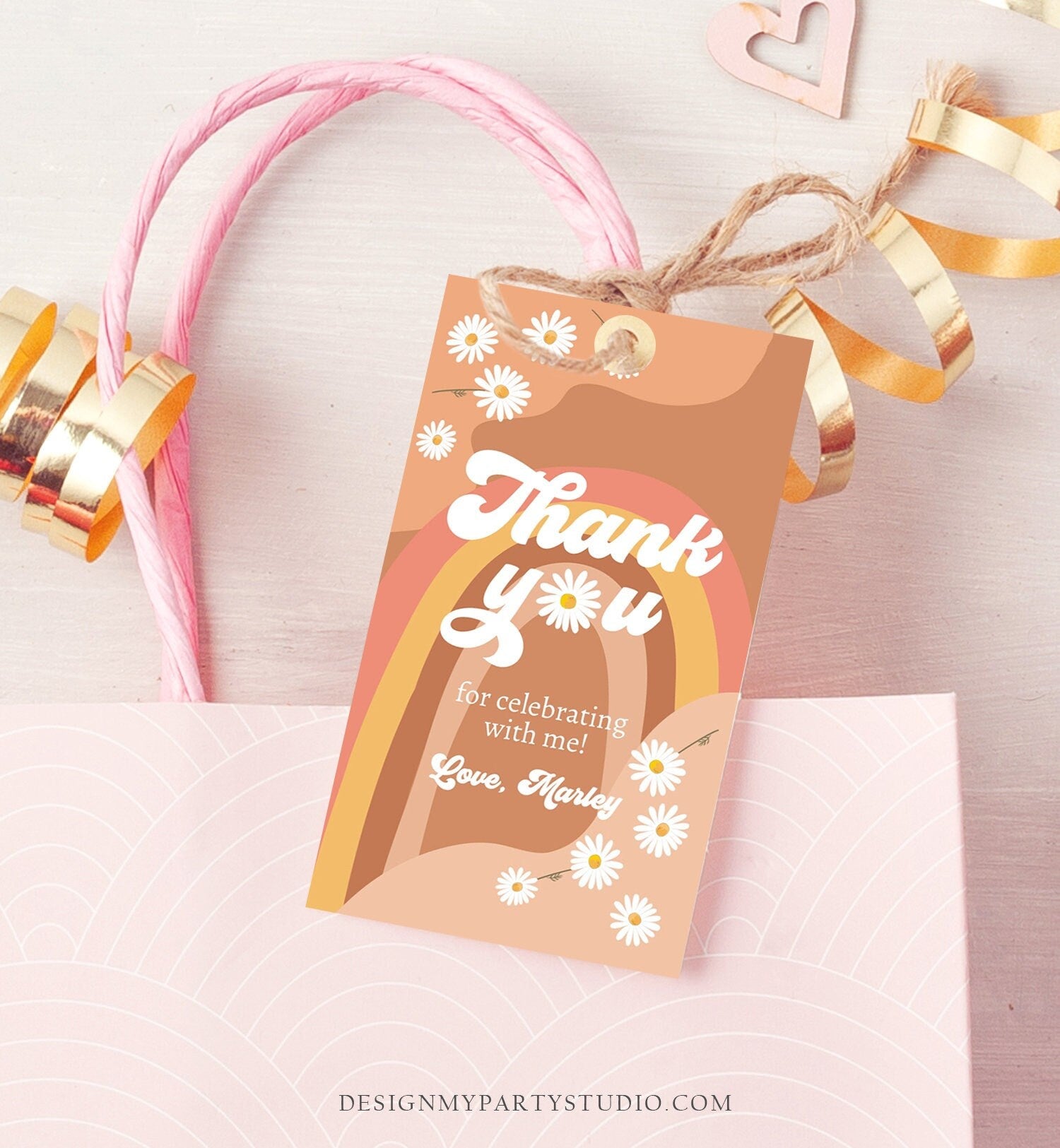 Editable Retro Daisy Favor Tags 1st 2nd Groovy Birthday Thank you Tags Festival Gift tags 70s Floral Hippie Template Corjl PRINTABLE 0428