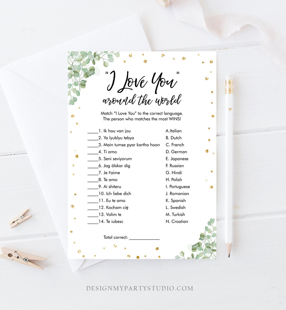 Editable Travel Bridal Shower Game I Love You Around the World Wedding Greenery Activity Eucalyptus Bachelorette Corjl Printable 0030