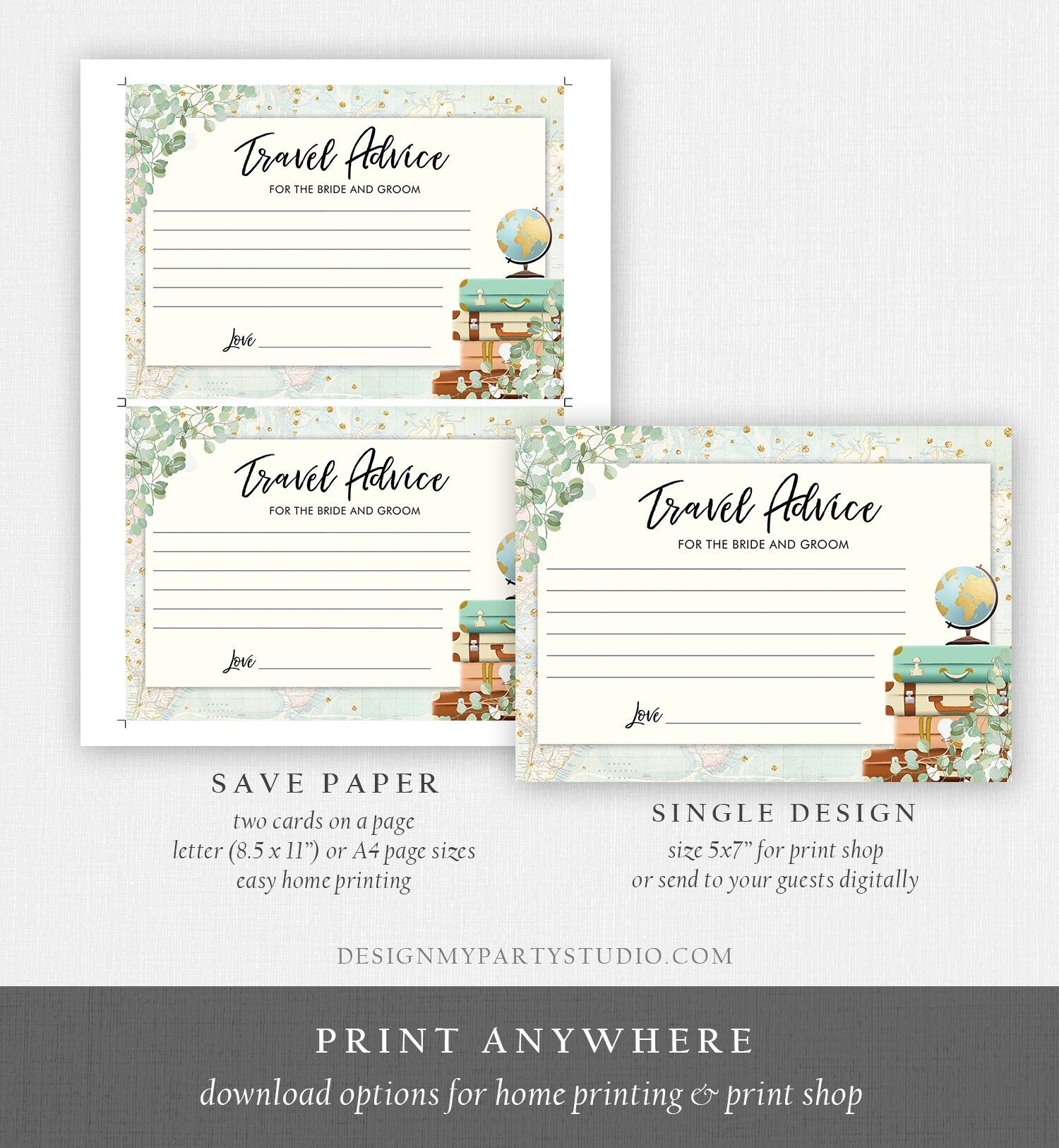 Editable Advice for the Bride-to-Be Card Eucalyptus Bridal Shower Travel Adventure Words of Wisdom for Bride Game Gold Corjl Template 0030