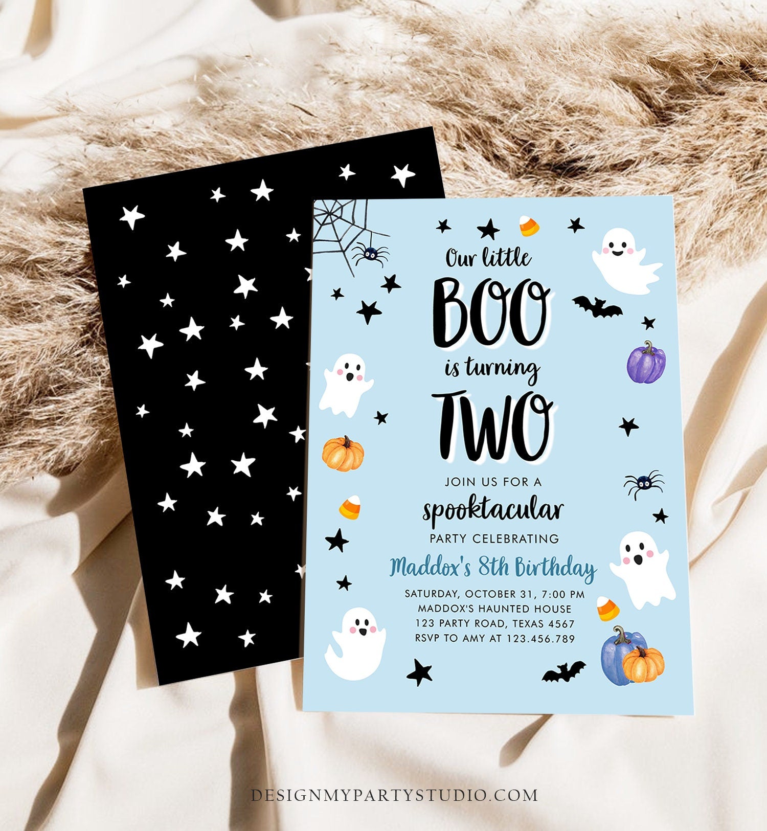 Editable Halloween 2nd Birthday Invitation Boy Ghost Costume Party Blue Boo Spooktacular Spooky Two Download Printable Template Corjl 0418