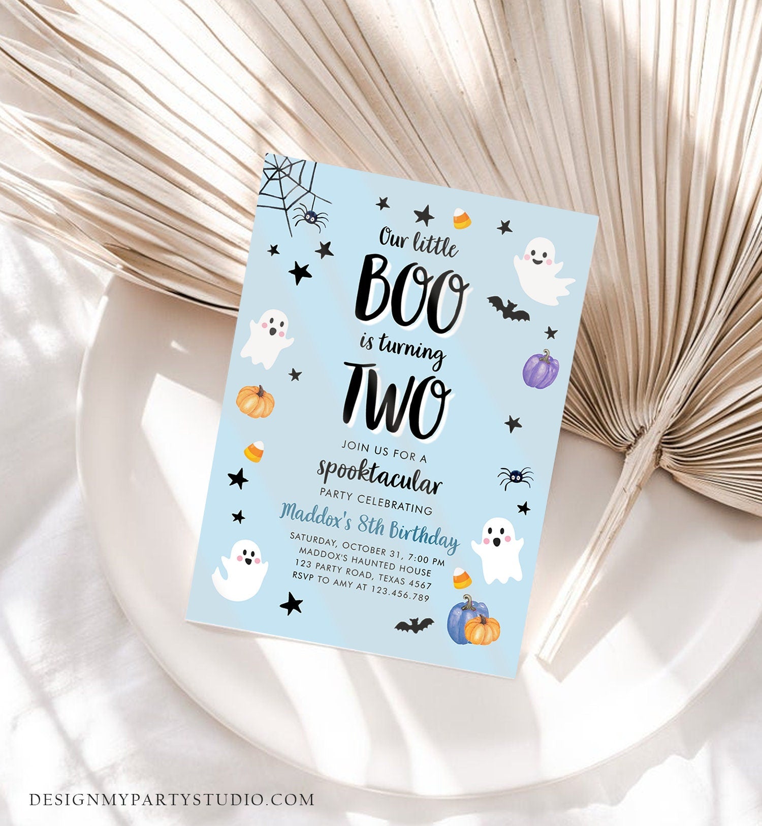 Editable Halloween 2nd Birthday Invitation Boy Ghost Costume Party Blue Boo Spooktacular Spooky Two Download Printable Template Corjl 0418