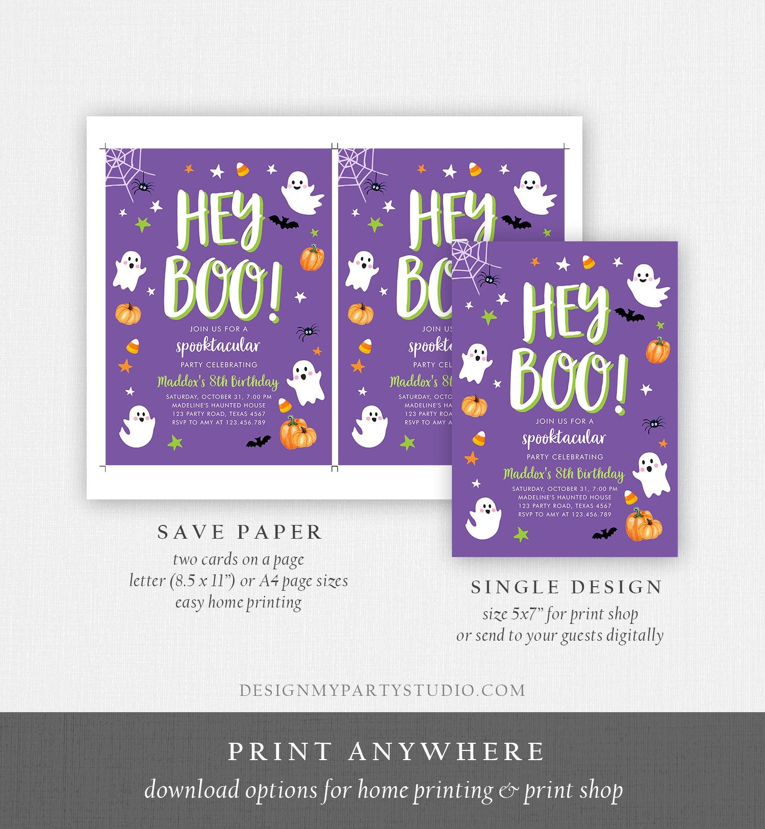 Editable Halloween Birthday Invitation Boy Ghost Costume Party Boy Purple Kids Spooktacular Spooky Digital Download Template Printable 0418