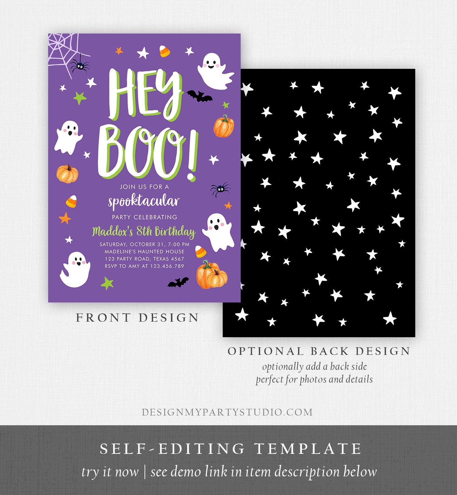 Editable Halloween Birthday Invitation Boy Ghost Costume Party Boy Purple Kids Spooktacular Spooky Digital Download Template Printable 0418