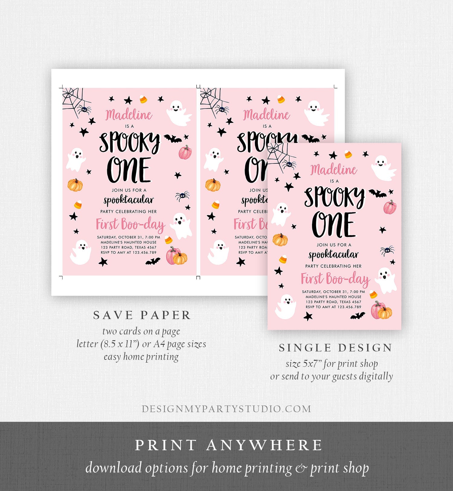 Editable Halloween 1st Birthday Invitation Pink Ghost Costume Party Girl Pink Kids Spooky One First Download Printable Template Corjl 0418