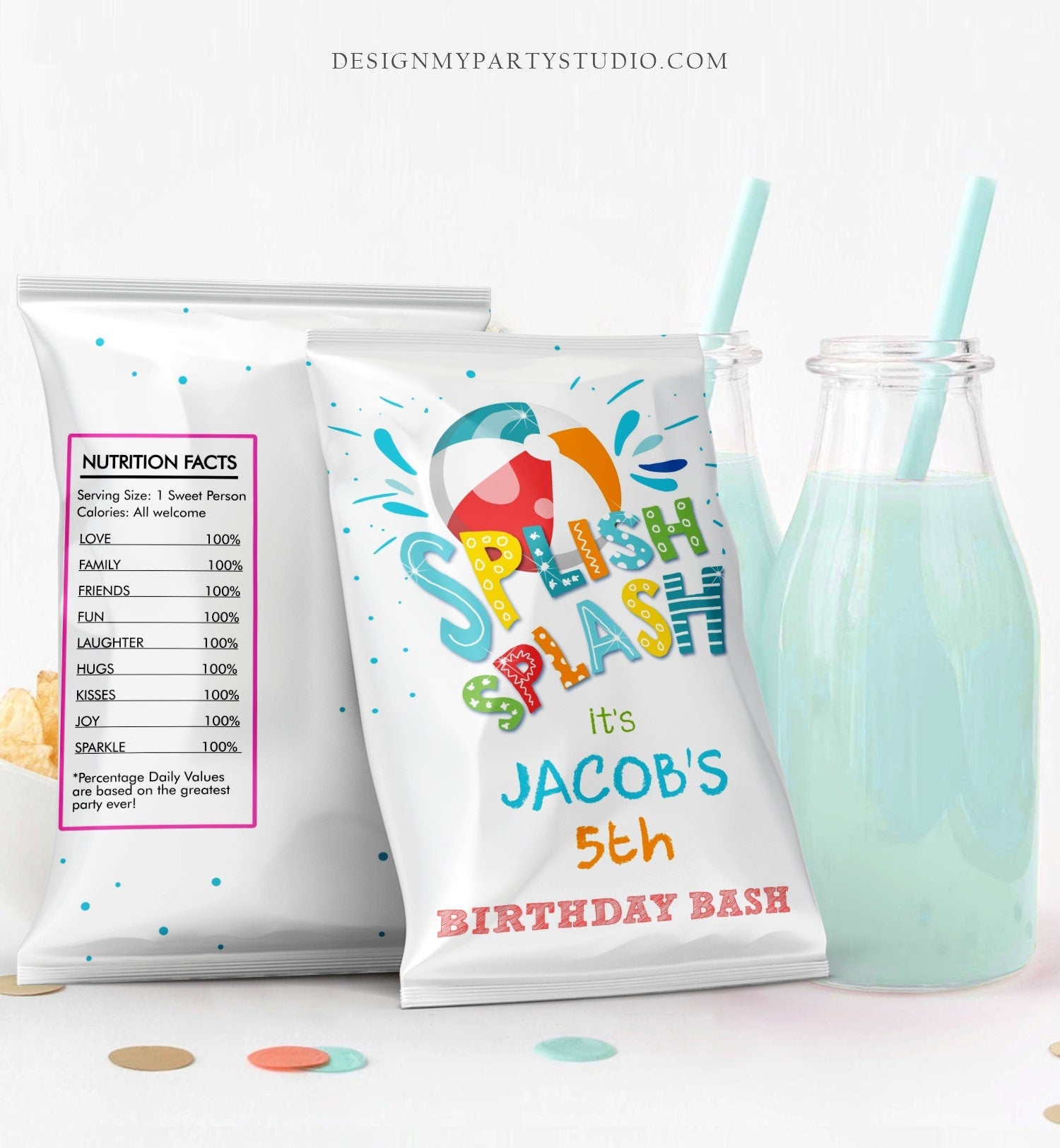 Editable Splish Splash Birthday Chip Bag Pool Party Decor Boy Summer Birthday Party Snack Favors Printable Digital Corjl Template 0169