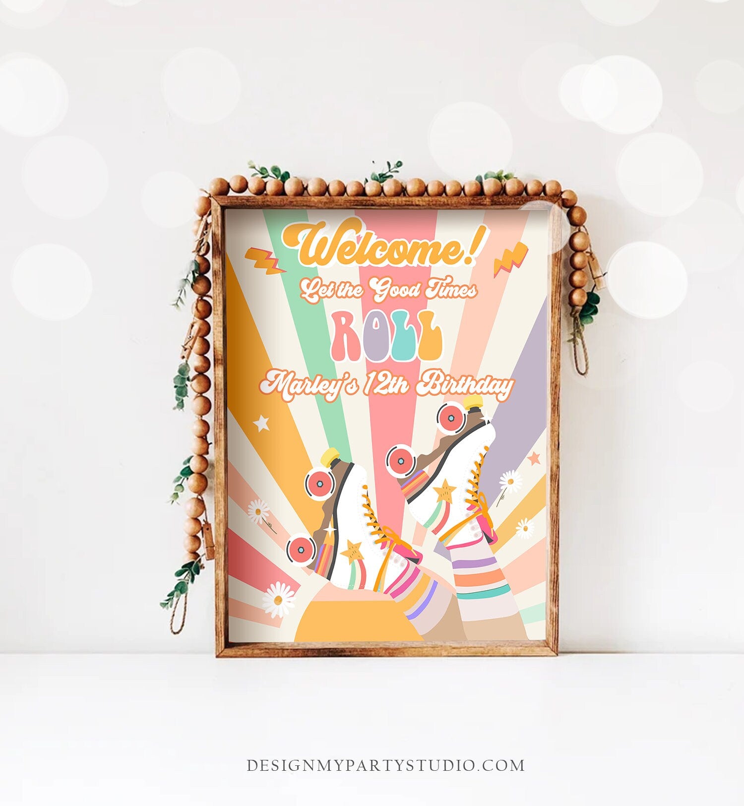 Editable Roller Skate Birthday Welcome Sign Retro Skating Birthday Girl Pink Let's Roll 70's Skate Party Sign Template PRINTABLE Corjl 0435