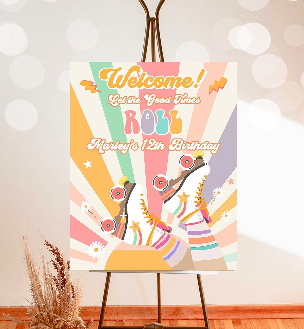 Editable Roller Skate Birthday Welcome Sign Retro Skating Birthday Girl Pink Let&#39;s Roll 70&#39;s Skate Party Sign Template PRINTABLE Corjl 0435