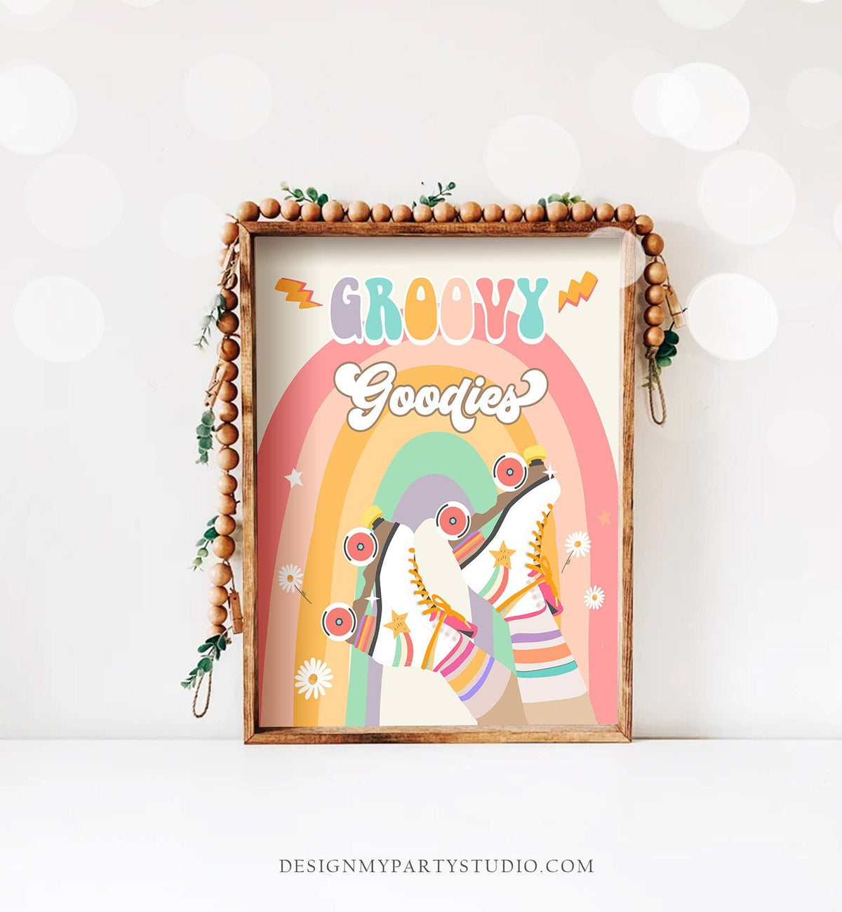 Retro Roller Skate Birthday Party Sign Groovy Goodies 80s 90s Rollerskate Party Skating Roller Rink Favors Rainbow Download Printable 0435