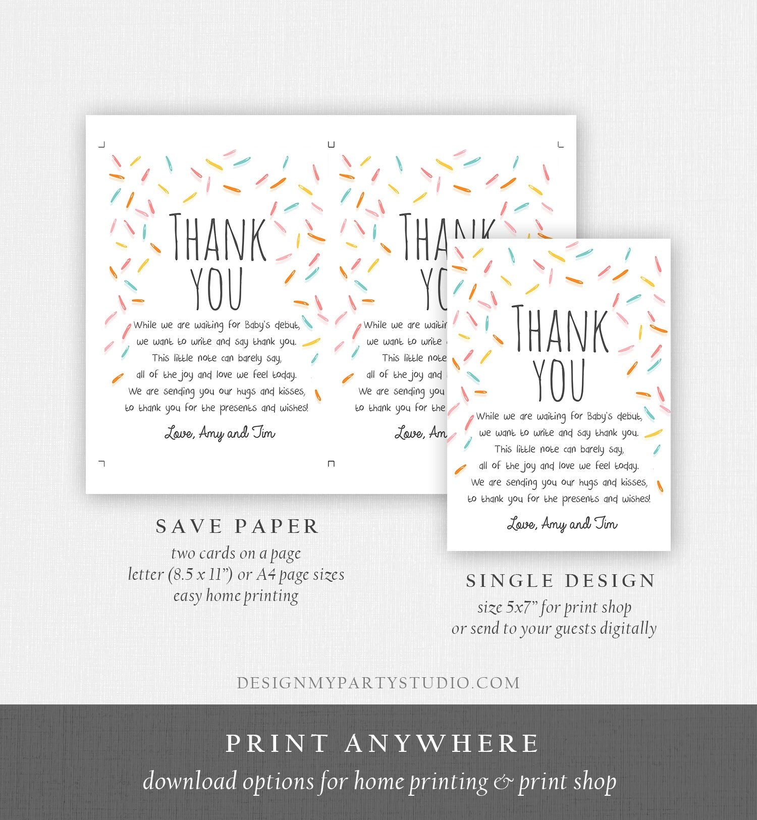 Editable Baby Sprinkle Thank You Card Rainbow Sprinkle Baby Shower Gender Neutral Coed Sprinkles Digital Corjl Template Printable 0216