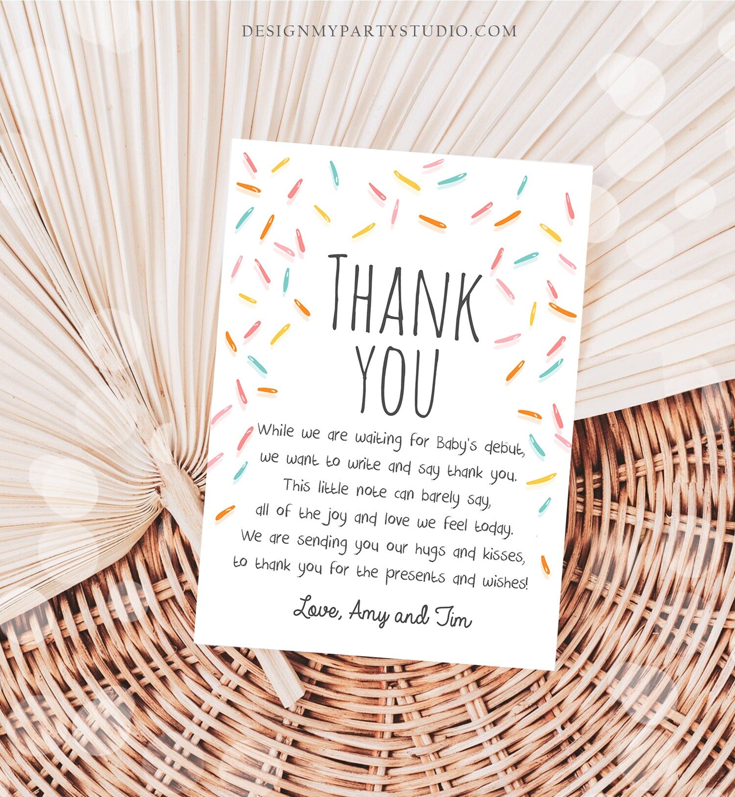 Editable Baby Sprinkle Thank You Card Rainbow Sprinkle Baby Shower Gender Neutral Coed Sprinkles Digital Corjl Template Printable 0216