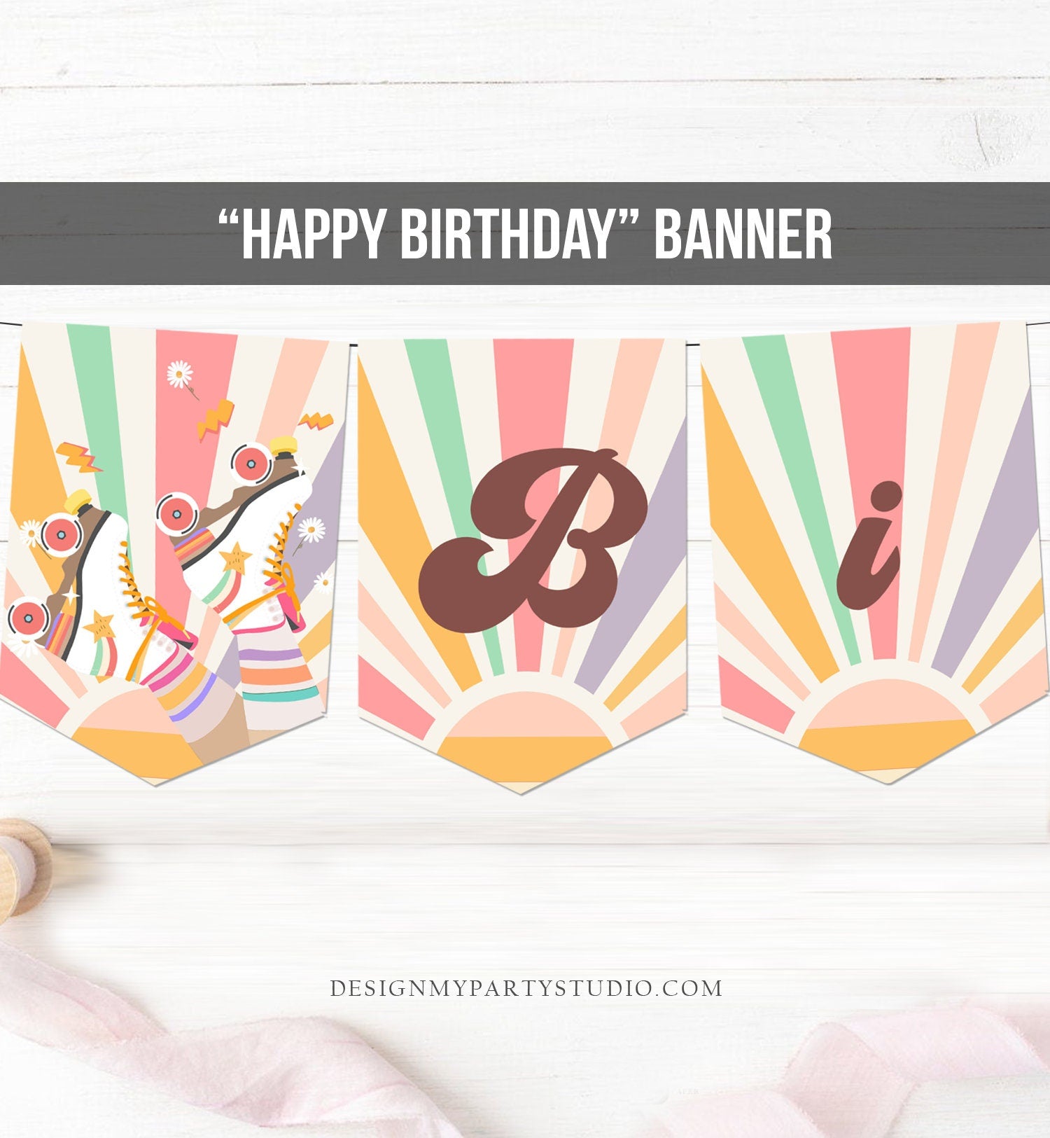 Roller Skate Happy Birthday Banner Retro Groovy Rainbow Bunting Skate Banner Roller Rink Birthday Decor Girl Garland Printable Digital 0435