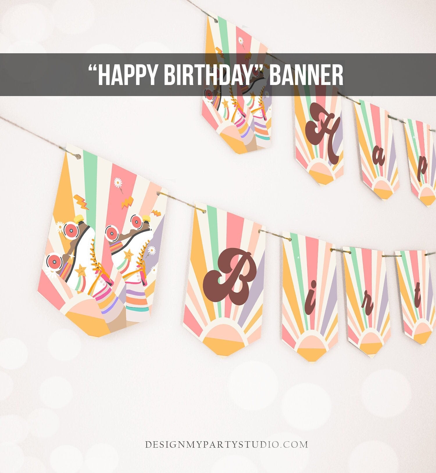 Roller Skate Happy Birthday Banner Retro Groovy Rainbow Bunting Skate Banner Roller Rink Birthday Decor Girl Garland Printable Digital 0435