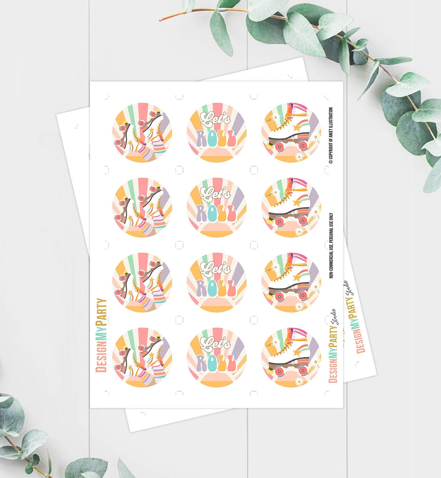 Roller Skate Cupcake Toppers Skate Birthday Favor Tags Retro Daisy Roller Rink Party Decor Rollerskating Digital Download Printable 0435