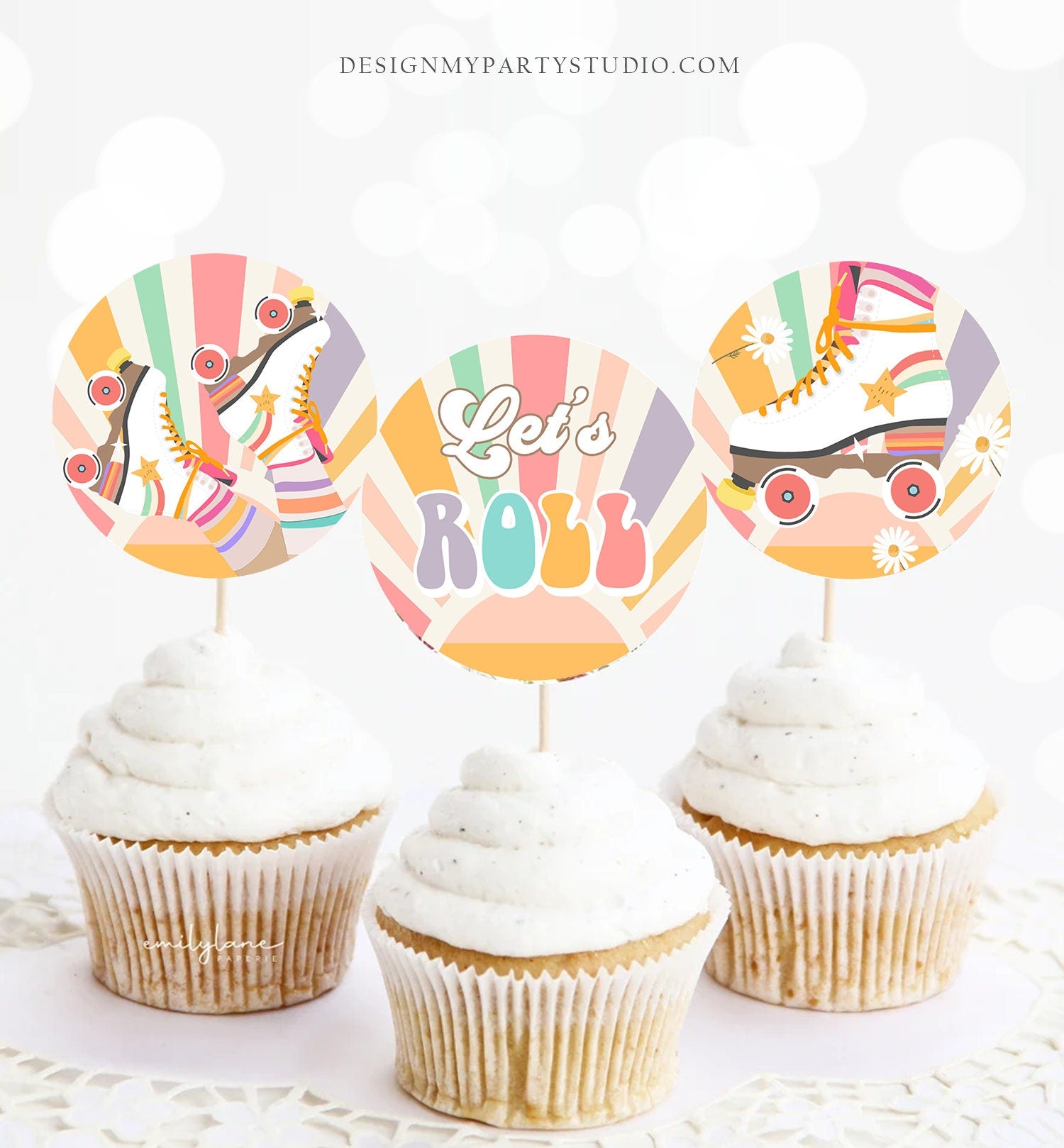 Roller Skate Cupcake Toppers Skate Birthday Favor Tags Retro Daisy Roller Rink Party Decor Rollerskating Digital Download Printable 0435