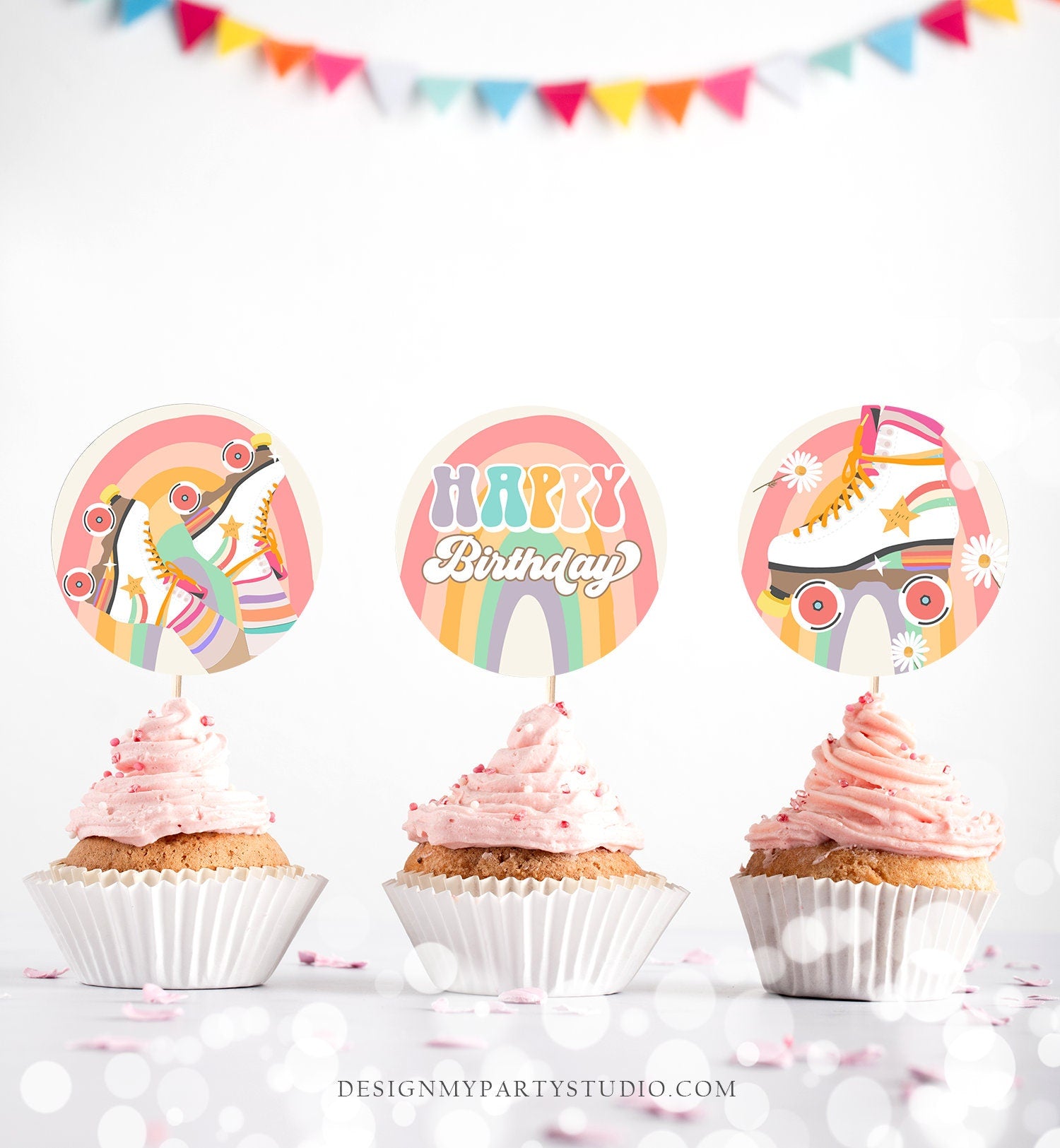 Roller Skate Cupcake Toppers Skate Birthday Favor Tags Retro Daisy Roller Rink Party Decor Rainbow Hippie Download Digital PRINTABLE 0435