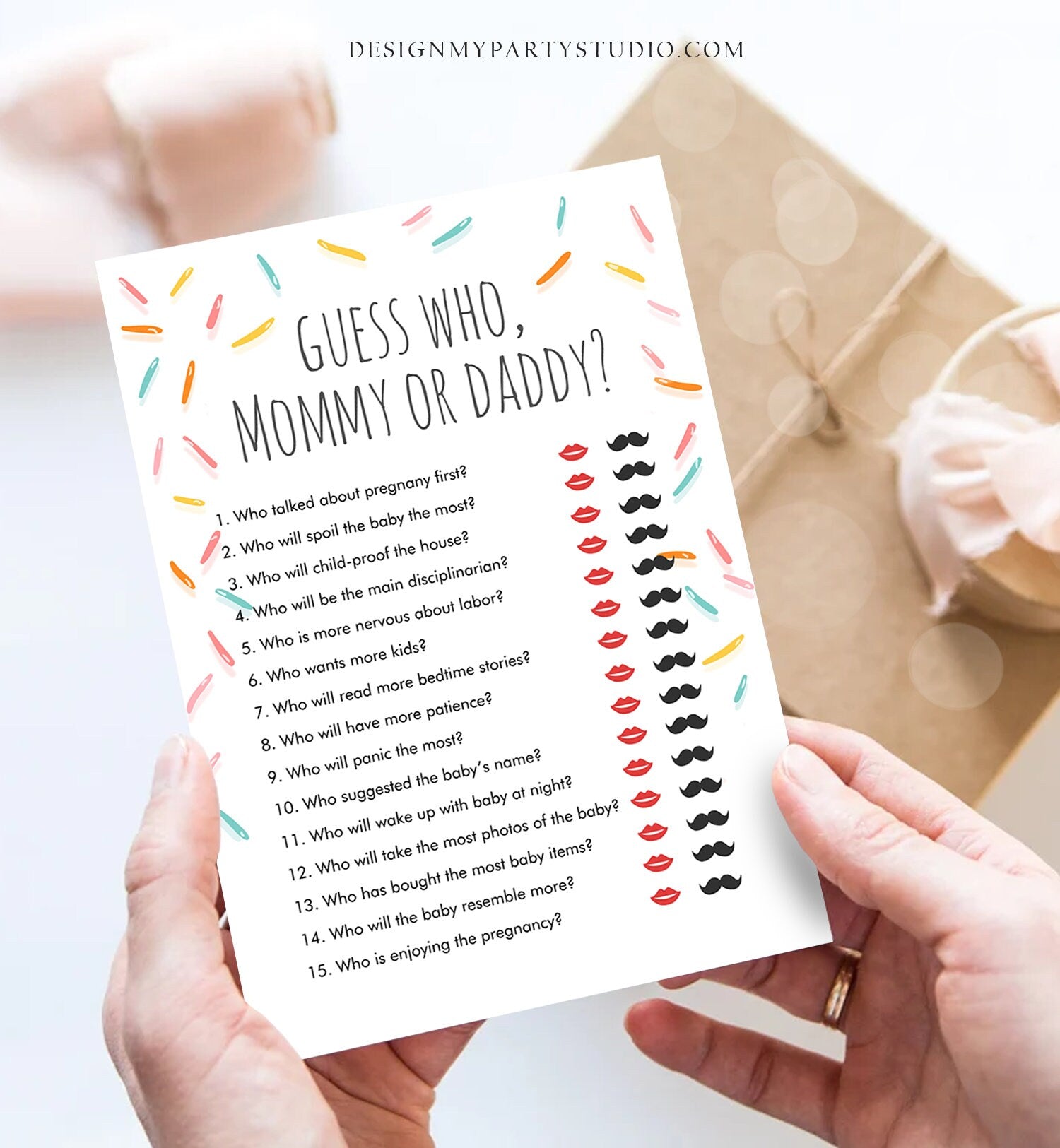 Editable Mommy or Daddy Baby Sprinkle Game Guess Who Mom Dad Baby Shower Gender Neutral Sprinkles Rainbow Corjl Template Printable 0216