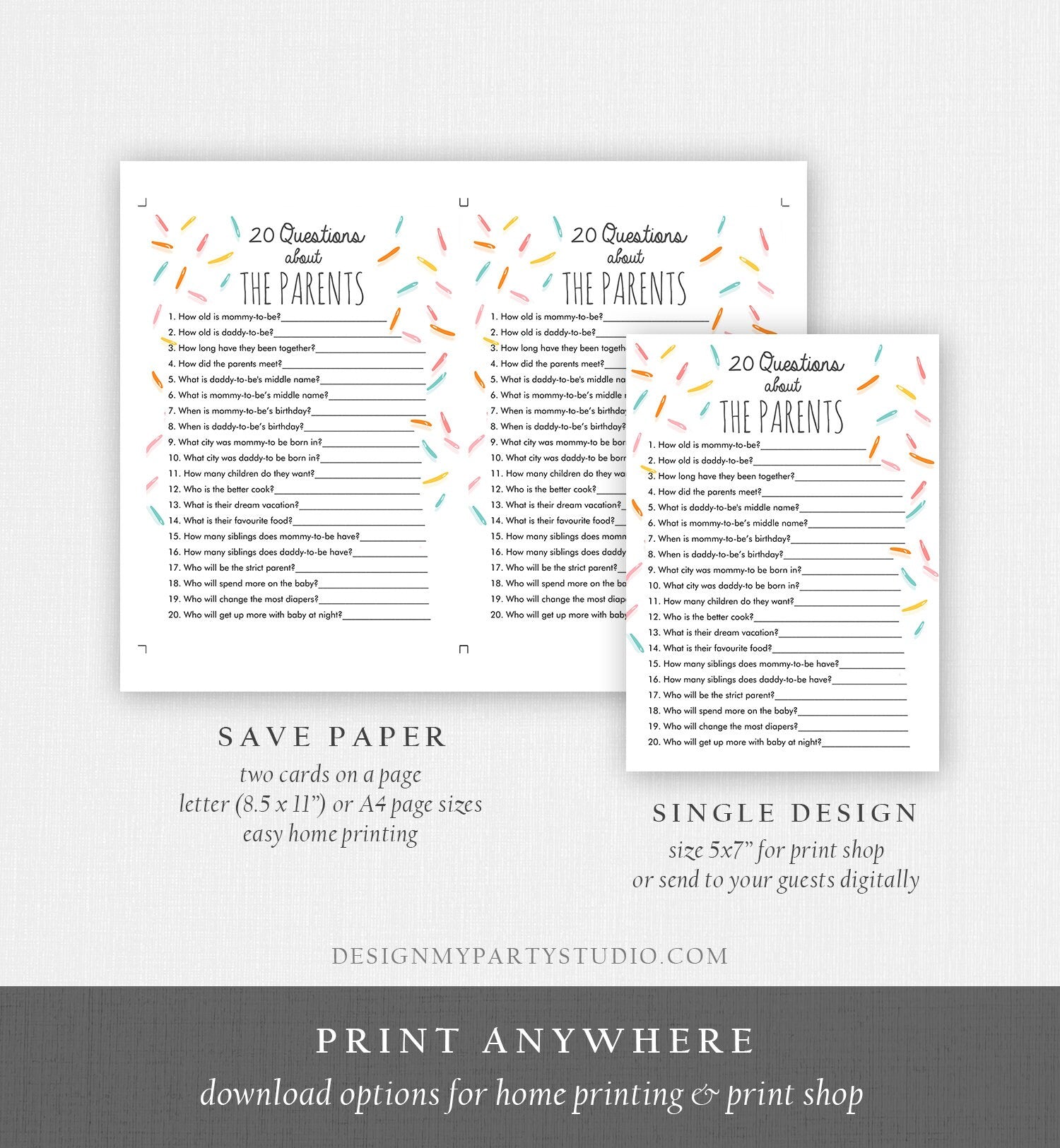 Editable 20 Questions About the Parents Baby Sprinkle Game Baby Shower Gender Neutral Sprinkles Rainbow Corjl Template Printable 0216