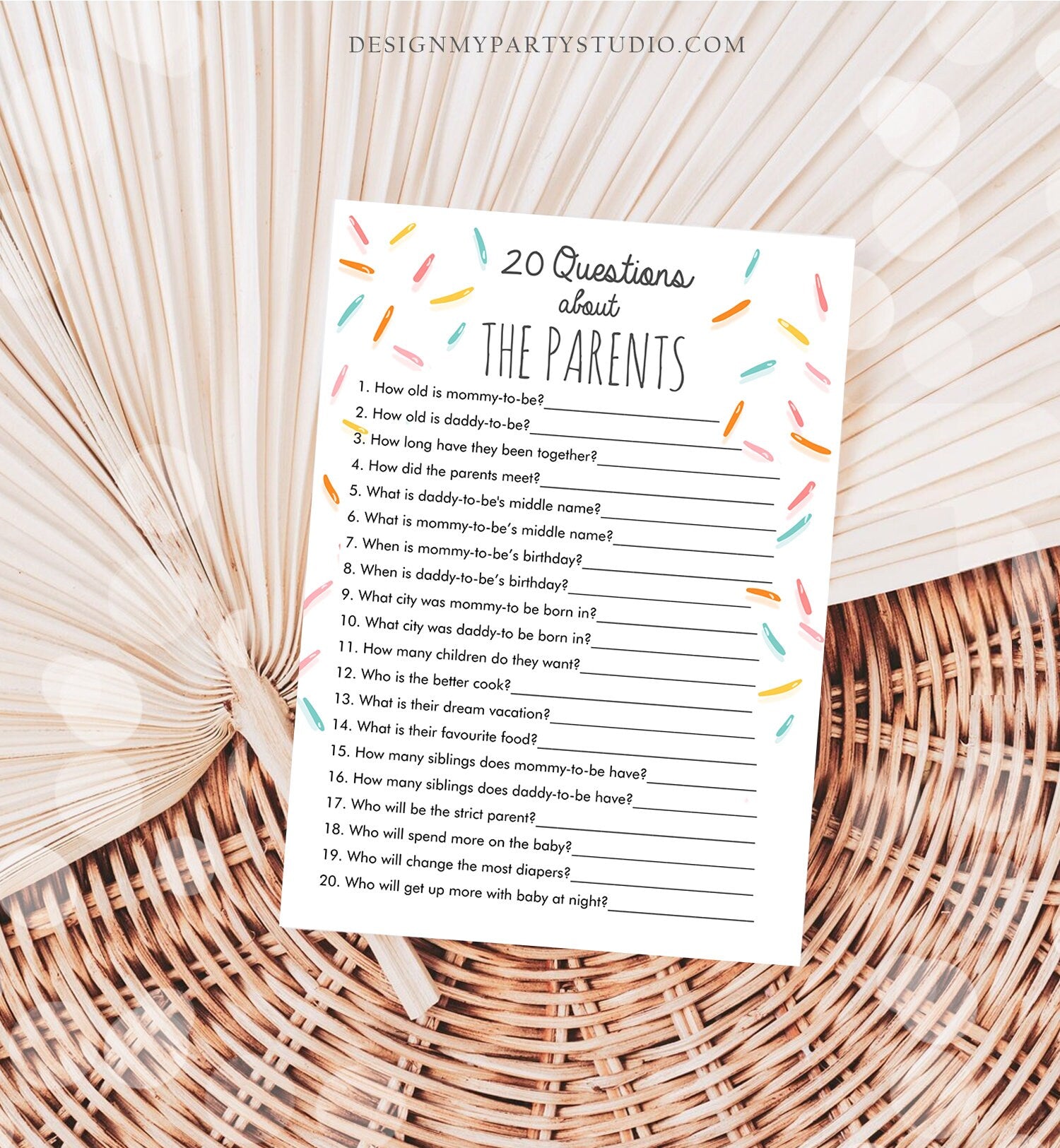 Editable 20 Questions About the Parents Baby Sprinkle Game Baby Shower Gender Neutral Sprinkles Rainbow Corjl Template Printable 0216