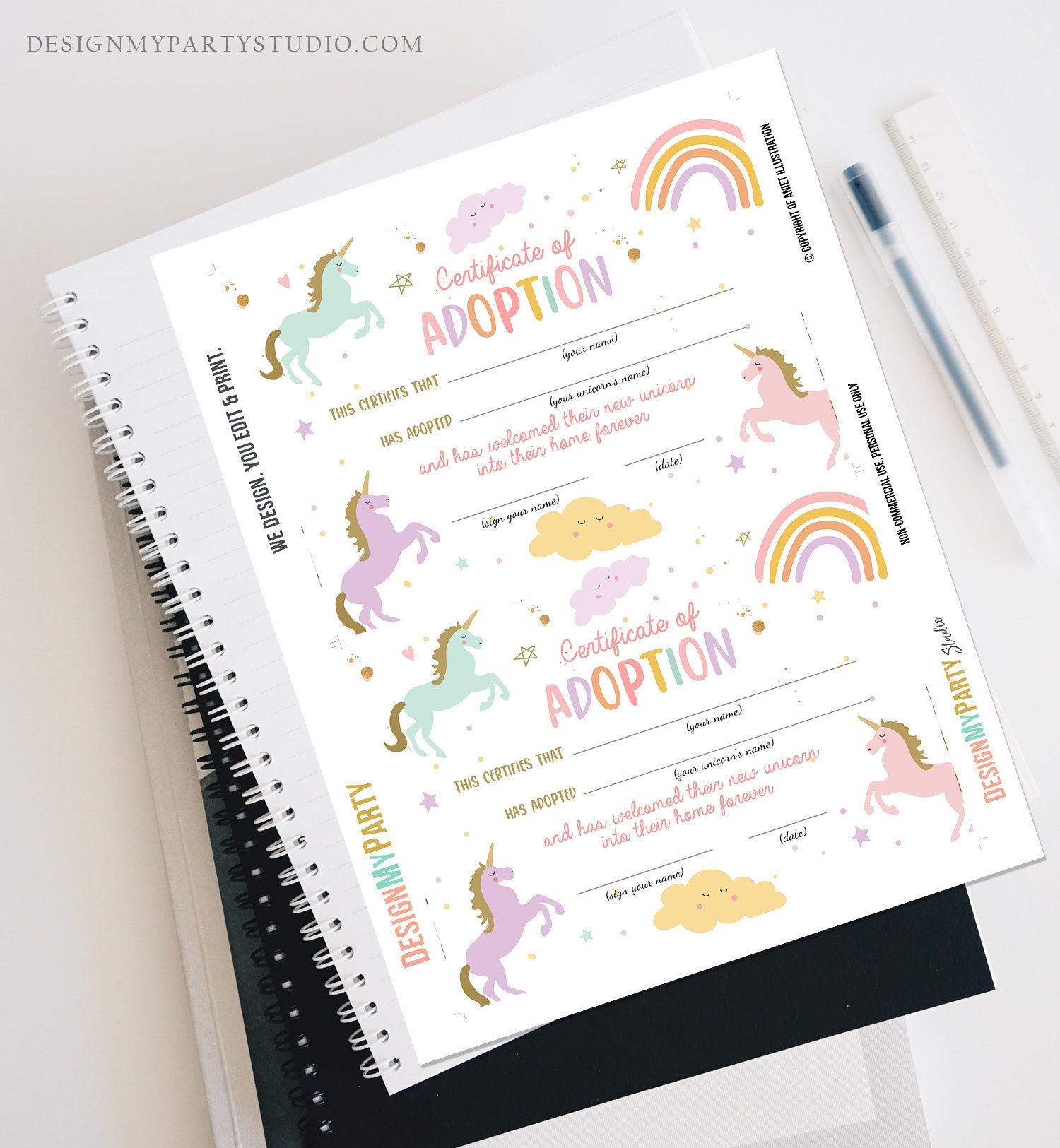 Adopt a Unicorn Certificate Unicorn Adoption Unicorn Birthday Party Magical Birthday Rainbow Girl Instant Download Digital Printable 0426