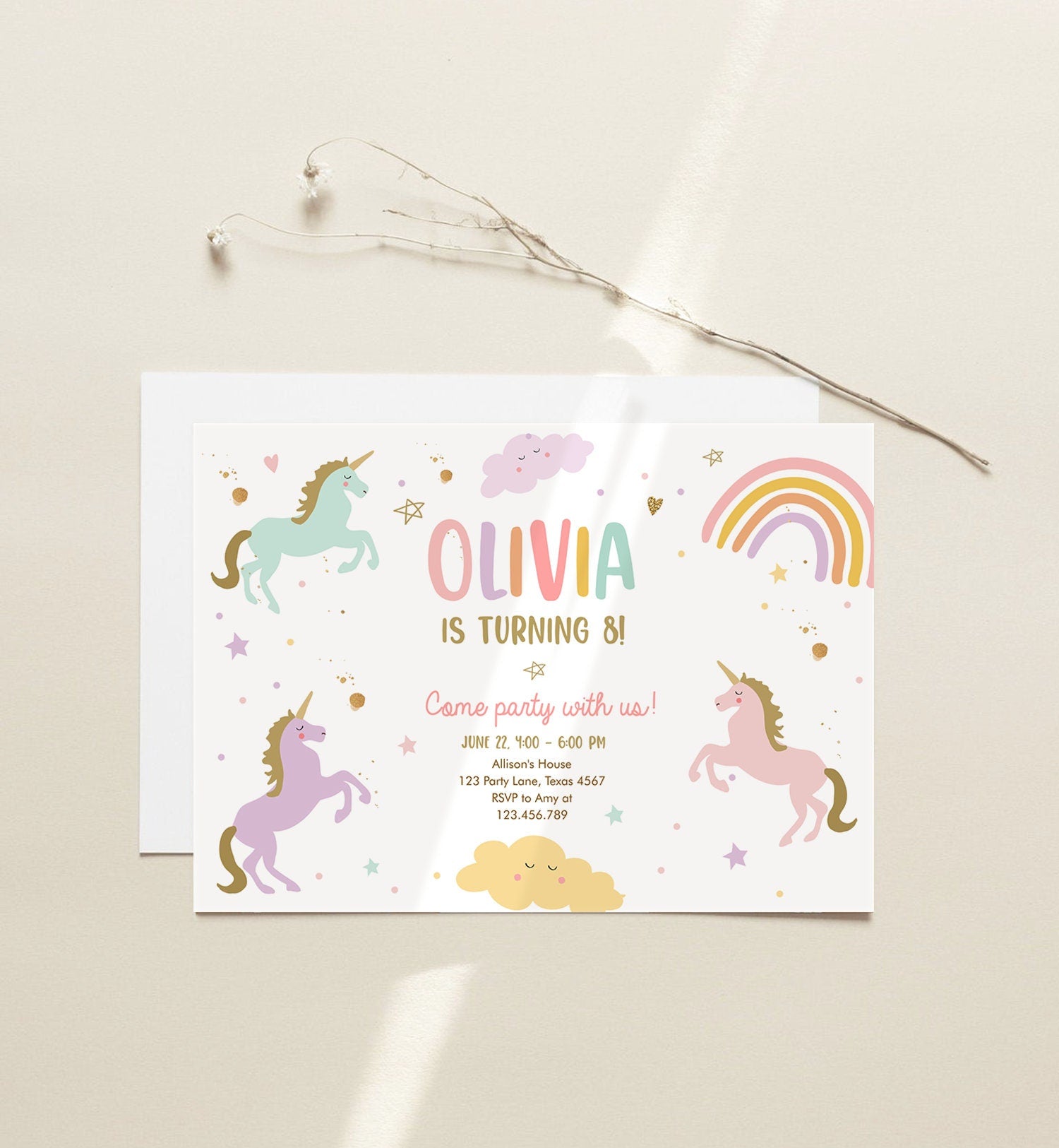 Editable Unicorn Birthday Invitation Magical Party Invite Girl Pink Pastel First Digital Unicorn Party Template Rainbow Download Corjl 0426