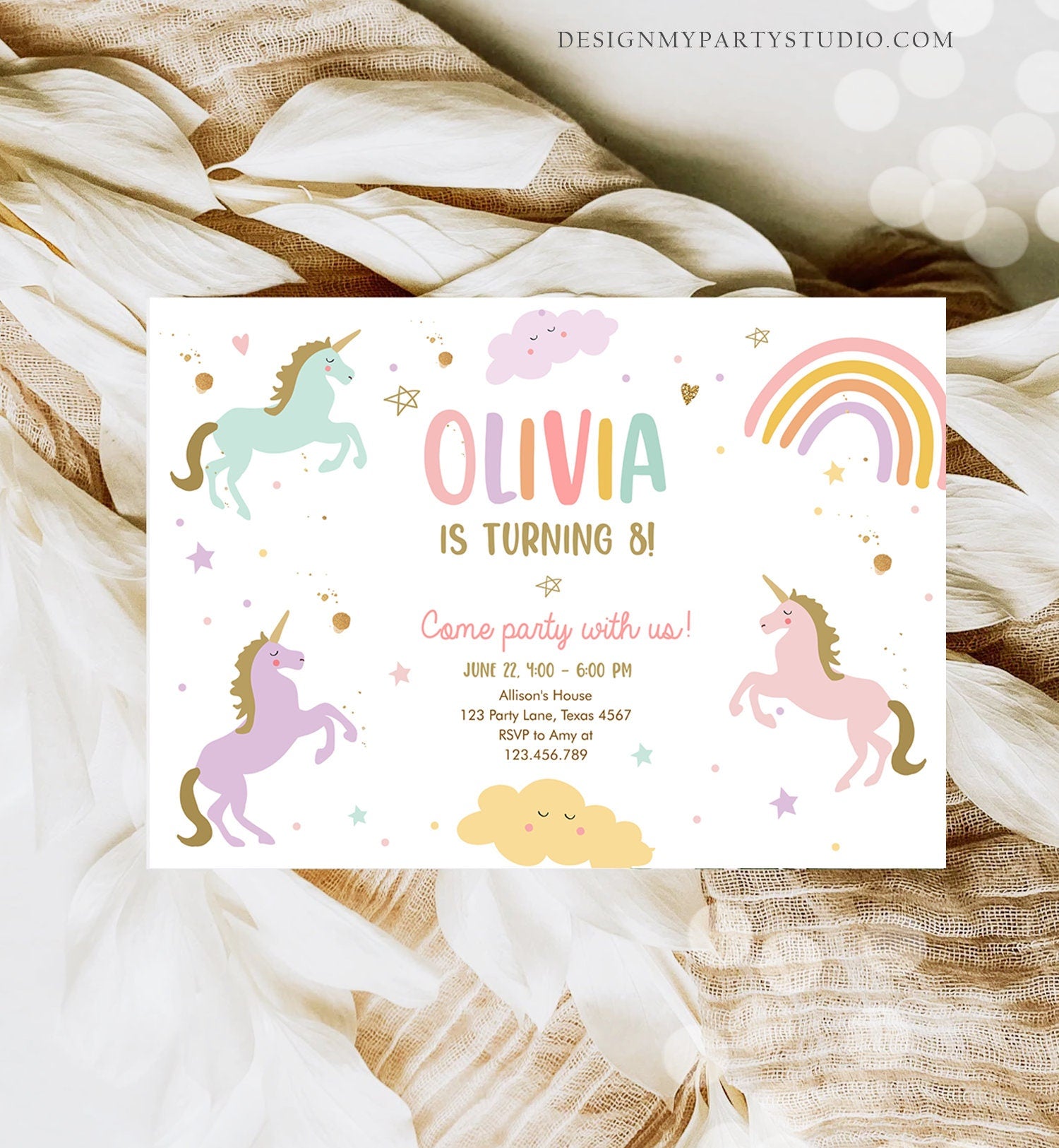 Editable Unicorn Birthday Invitation Magical Party Invite Girl Pink Pastel First Digital Unicorn Party Template Rainbow Download Corjl 0426