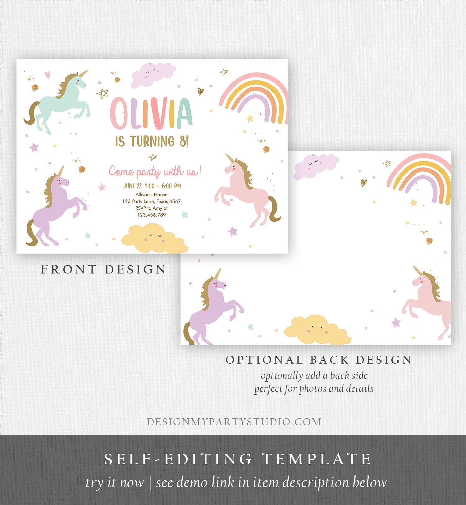 Editable Unicorn Birthday Invitation Magical Party Invite Girl Pink Pastel First Digital Unicorn Party Template Rainbow Download Corjl 0426