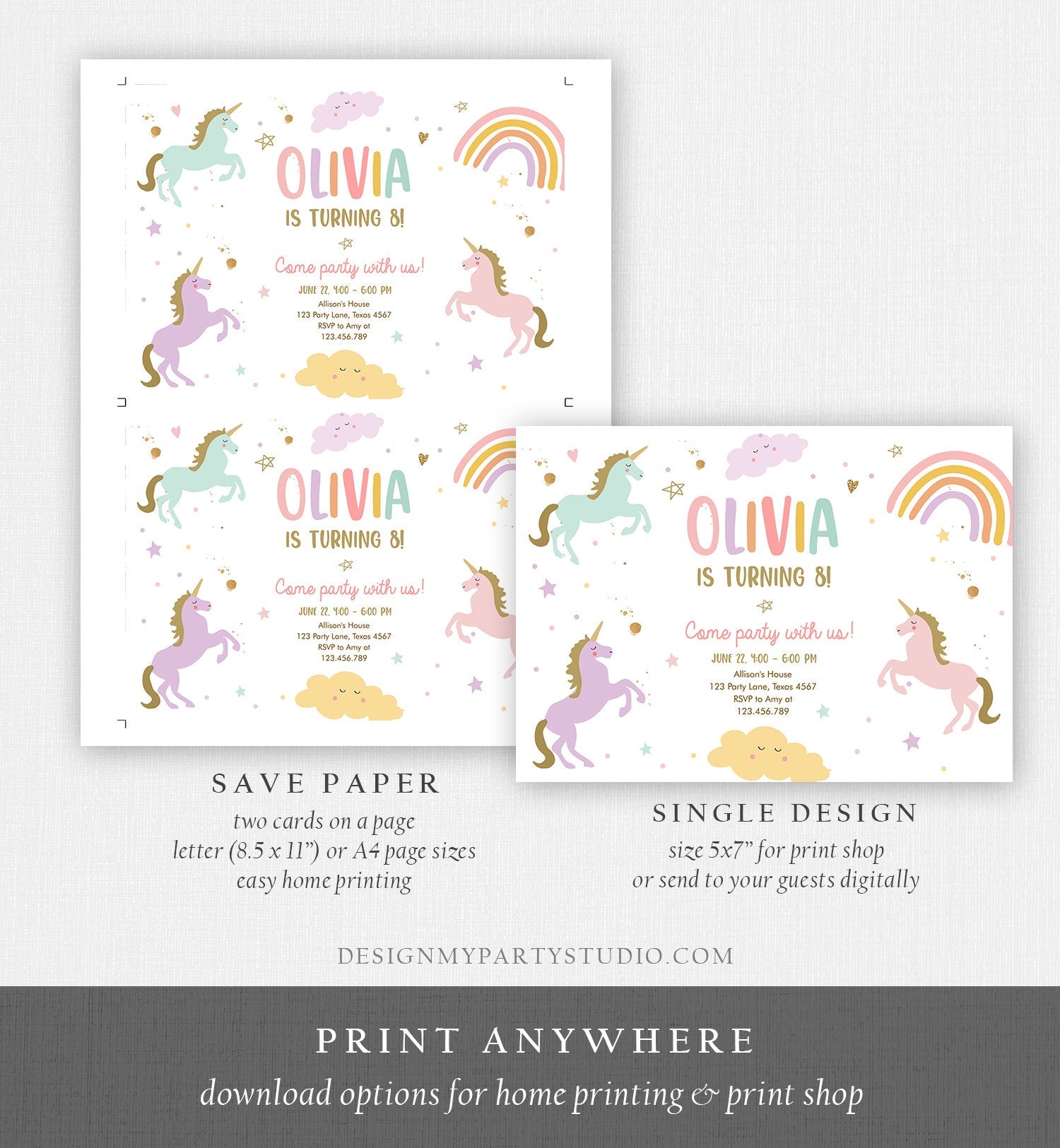 Editable Unicorn Birthday Invitation Magical Party Invite Girl Pink Pastel First Digital Unicorn Party Template Rainbow Download Corjl 0426