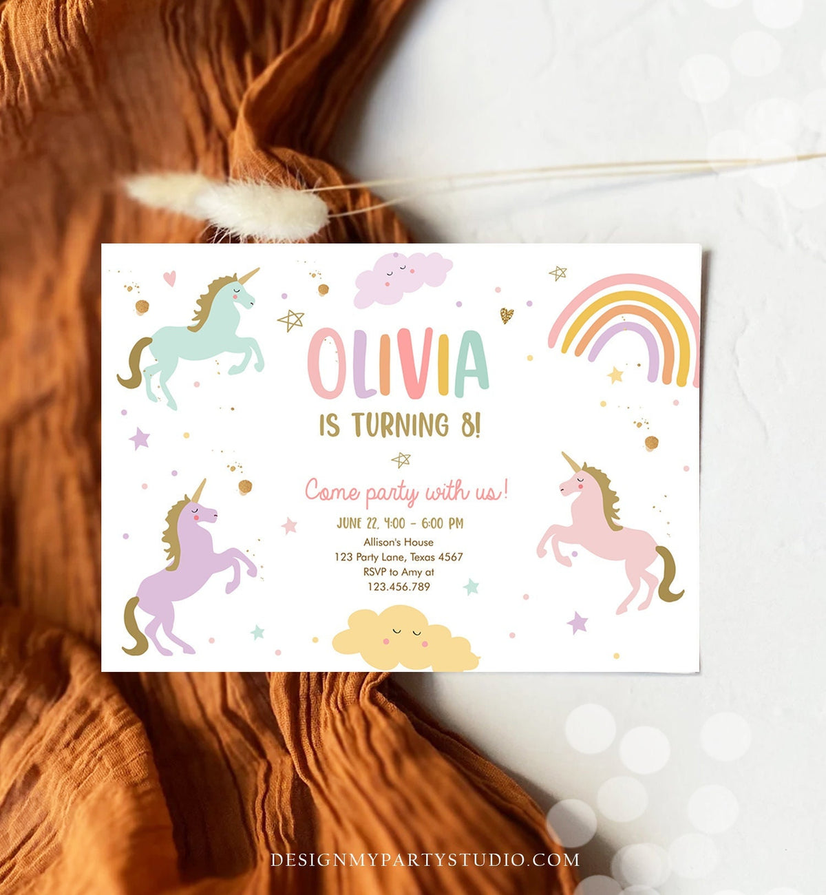 Editable Unicorn Birthday Invitation Magical Party Invite Girl Pink Pastel First Digital Unicorn Party Template Rainbow Download Corjl 0426